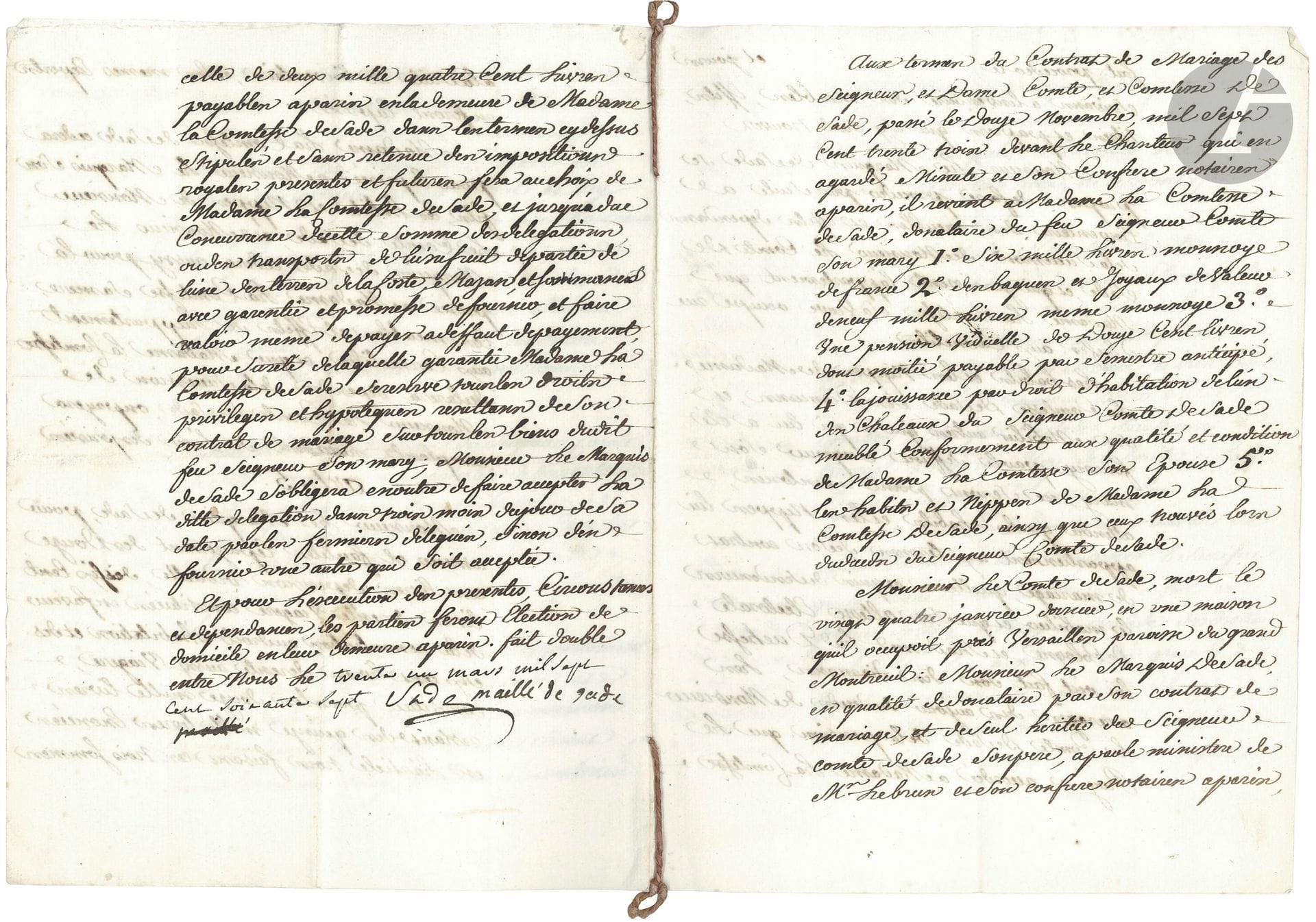 Donatien-Alphonse-François, marquis de SADE. P.S. «Sade», cosignée par sa mère «Maillé de Sade», 31 mars 1767; cahier in-4 de 8pages.
Conventions entre le marquis de Sade et sa mère, après la mort du comte de Sade.
Le comte de Sade est mort le 24 janvier au Grand-Montreuil. La comtesse reçoit, en vertu du contrat de mariage (1753), comme «donataire du feu seigneur comte son mari», 6000 livres, des bijoux (pour 9000 livres), une pension de 1200 livres, la jouissance d’un des châteaux, ses «habits et nippes». Le marquis est «seul héritier du comte de Sade son père». 5 articles règlent les conventions entre le marquis et sa mère. Le marquis lui versera une «pension viduelle» (de veuve) de 1200 livres par semestre; il lui assurera une rente viagère de 600 livres, la comtesse renonçant «à son droit d’habitation» et laissant le marquis «le maître de disposer du château et des meubles dont son contrat de mariage lui accorde la jouissance»; avec, pour garantie des paiements, «l’usufruit de partie de l’une des terres de La Coste, Mazan et Saumane»… Etc.
Bibliothèque Sade (II). Papiers de famille. 2. Le marquis et les siens (éd. M. Lever), p.121-125 (CMXXI).