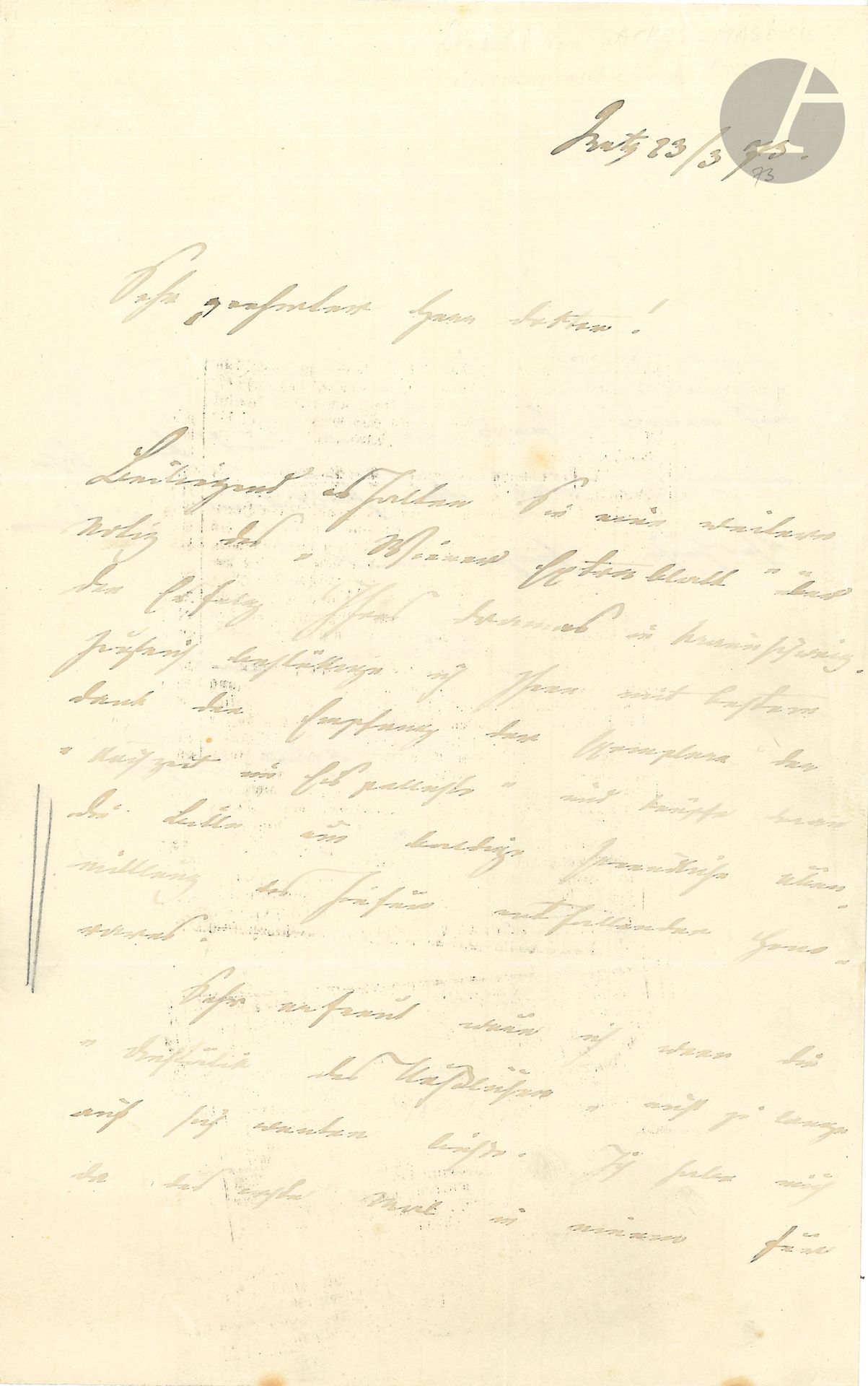 Leopold von SACHER-MASOCH (1836-1895). L.A.S., Gratz 23 mars 1873, [à l’éditeur Georg Westermann]; 1page et quart in-8; en allemand.
Il l’informe du succès d’un roman et accuse réception des exemplaires de Hochzeit im Efspalast (Noces au Palais de Glace), en réclamant ses honoraires. Il serait très heureux que Die Aesthetik des Hasslichen (L’Esthétique du laid) ne se fasse pas trop attendre. Il s’agit là pour lui d’une première tentative dans un genre nouveau et il est très curieux de savoir ce que le public en dira...