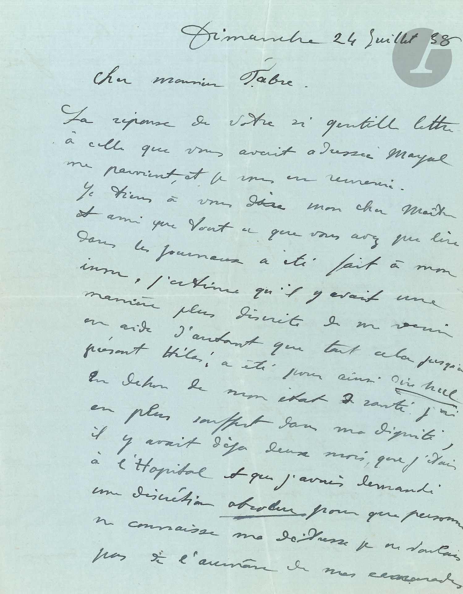 POLAIRE (1887-1939). L.A.S., 24 juillet 1938, à Émile Fabre; 4pages in-4.
Émouvante lettre écrite après sa tentative de suicide dont elle a été miraculeusement sauvée; elle a besoin d’une longue convalescence et de soins avant de pouvoir retravailler, «ce qui a toujours été ma seule raison de vivre». Elle explique pourquoi elle a tenté de se tuer: «ruinée, dévalisée injustement [...] la mort de ma chère maman à la même époque, trop de chagrin pour me défendre, la crise théâtrale plus de contrat sans combine sans coup de coude, je ne suis pas de cette race, et en dehors de donner ma sincérité de tout mon cœur au public je n’ai jamais pu lutter. Alors, ne voulant rien demander à personne, le désespoir causé par la neurasthénie se sont emparé de moi. J’ai voulu en finir. Hélas! à cause du cher petit chien (tout ce qui me reste sur terre) j’ai été sauvée je dis Hélas, parce que ma situation est celle qui m’avait poussé au suicide»...