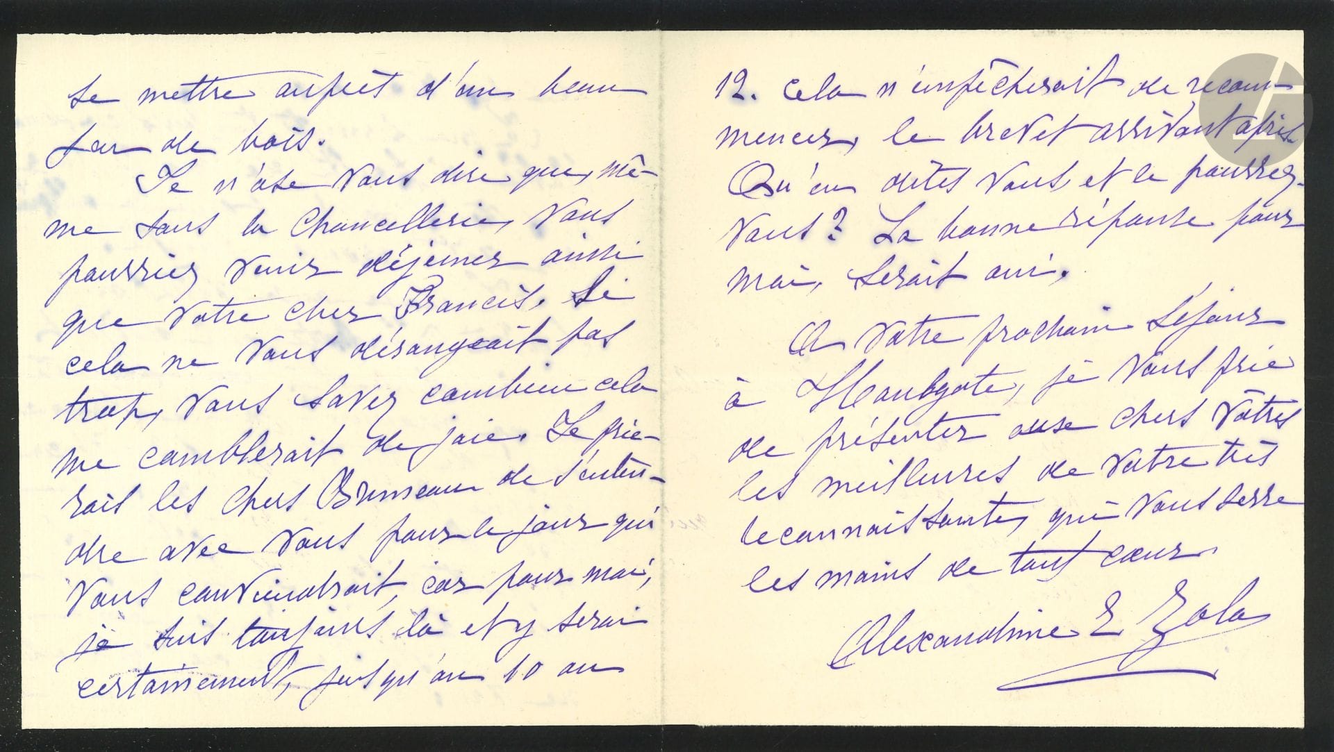 Alexandrine ZOLA, née Méley (1839-1925) épouse d’Émile Zola. 4 L.A.S., mai-août 1904, [à Frantz Jourdain]; 14 pages in-8 ou in-12 (deuil).
Au sujet du tombeau de Zola, conçu par l’architecte Frantz Jourdain (1847-1935).
18-21 mai. Elle demande à Frantz Jourdain de venir au cimetière Montmartre présenter lui-même «à tous nos amis, les intimes, les connus et les inconnus, le superbe monument que votre grande affection pour mon cher mari vous a inspiré». Au lendemain de cette réunion, en remerciement et admiration de son œuvre, elle le prie d’accepter le «couteau à papier» que Zola utilisait à Médan. – 24 août. Elle se réjouit qu’il vienne déjeuner à Médan avec Alfred Bruneau à qui il doit remettre, comme parrain, le brevet d’officier de la Légion d’Honneur; elle veut l’entretenir d’un problème de limite de terrain…