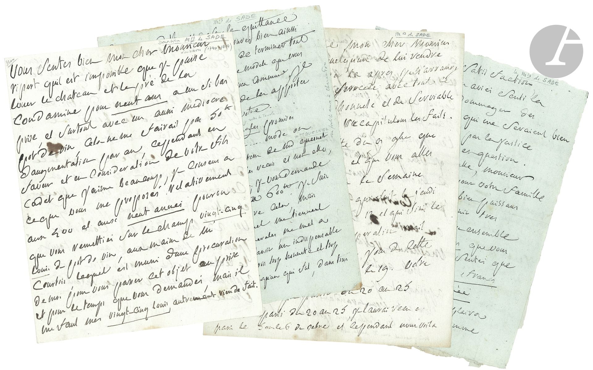 Donatien-Alphonse-François, marquis de SADE.4L.A.S., [Charenton] 1807 et s.d., à François Ripert à Mazan; 11pages in-4, 2 adresses.
À son nouvel homme d’affaires.
15 janvier 1807. «Vous sentez bien […] quil est impossible que je puisse louer le chateau et le pré de la Condamine pour neuf ans a un si bas prix, et surtout avec un aussi mediocre pot de vin». Il accepte cependant la proposition en faveur du fils de Ripert, «pourvu que vous remettiez sur le champ vingt-cinq louis de pot de vin, aux mains de M. Courtois»… M. Courtois a aussi une procuration pour le grand jardin et «la coupe du bois de Saumane»…
15 septembre. «Aucune difficulté sur la quittance […] Mais à l’égard des epingles promises puisque vous tenes a ce mode… mode ou neanmoins repugne la delicatesse de Md Quesnet puisquen fait cest moi qui les recois et non elle», il faut les porter à 600 livres…
[Le 12]. «Ce n’est pas la peine […] de flatter quelqu’un de lui rendre un service, pour le laisser la apres, je n’arrange point l’incivilité de ce procedé, avec tout ce que j’ai connu de vous dhonnete et de serviable»…
«J’ai appris avec satisfaction […] que vous aviés senti la justice de me dedommager des quatre mille francs qui me seraient bien certainement alloués par la justice si je plaidais»…
On joint un feuillet d’adresse autographe pour Ripert avec 3 lignes autographes, [27 décembre 1809].