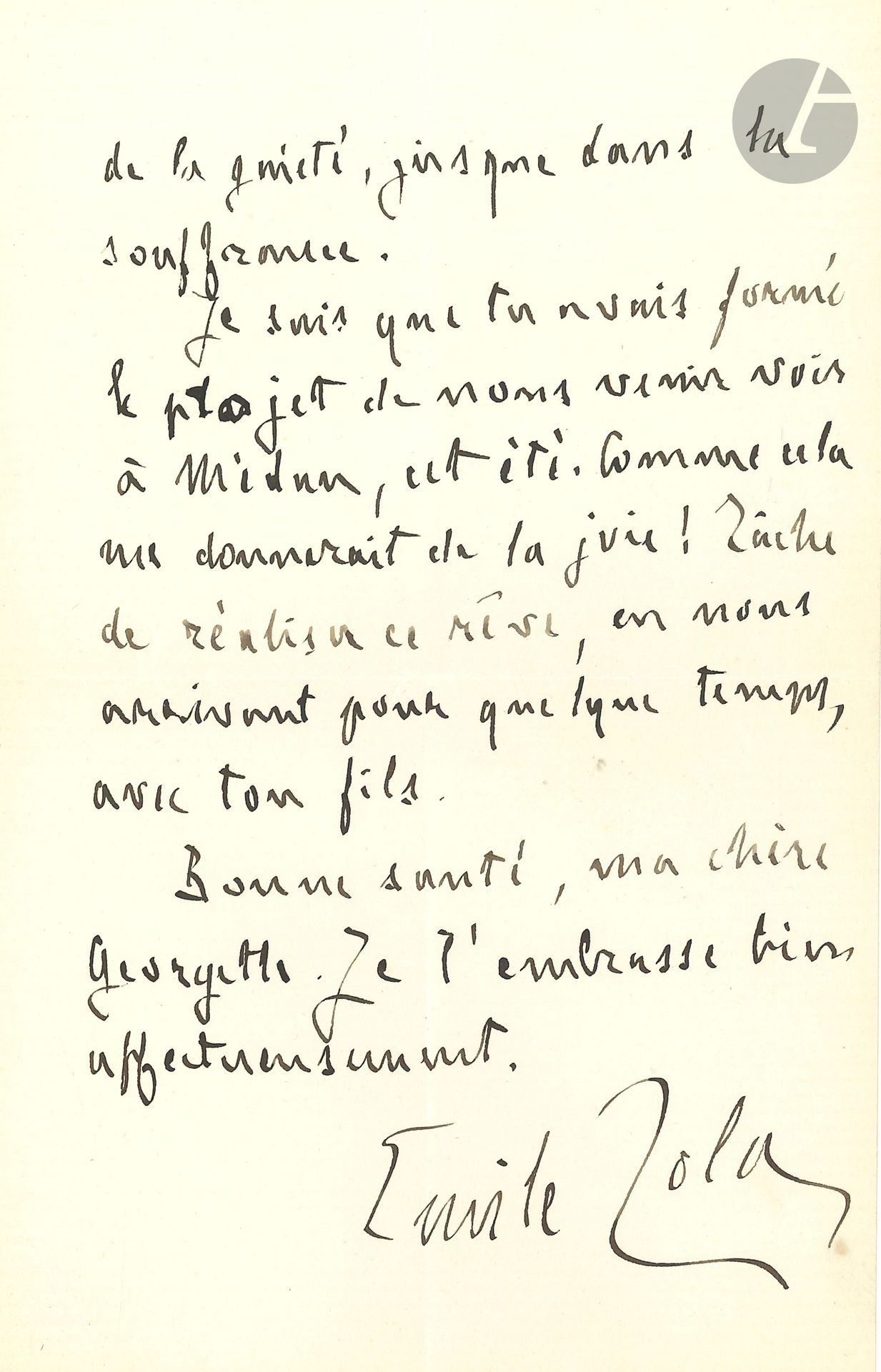 Émile ZOLA. 2 L.A.S., June 21, 1892 and November 23, 1901, to his "dear Georgette" [Charpentier]; 2pages in-8 each.
Affectionate letters to his publisher's daughter.
Médan June 21, 1892. Her kind letter has pleased him. "Your opinion is not equal to me at all, it is the dearest to me in the midst of the banal and commanding congratulations that are beginning to rain down, because I feel it is sincere, naive, coming from a little person who hardly lavishes herself. And then, if you kiss me as you did when you were little, it means a lot to us to see that you like us, we who have seen you grow up"...
Paris, November 23, 1901. He sends her a donation for her "good work. I have heard from you constantly through your parents and our friends. We were quite tormented during the bad hours of your illness; and, if the convalescence must be long, we are no less happy to know that you are out of all danger. As you say, patience and courage are needed in life, and cheerfulness is even needed in suffering". He hopes she will visit them in Médan in the summer, with her son...