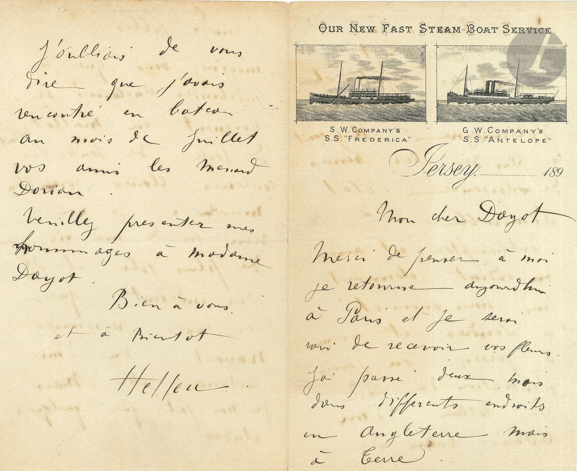 Paul HELLEU (1859-1927). L.A.S., Jersey 189., à Armand Dayot; 4pages in-8, avec 2 vignettes de bateaux à vapeur.
Il a passé deux mois en Angleterre, à Cowes (île de Wight), «pendant les régates et le séjour de l’empereur d’Allemagne. Il y avait là plus de 600 navires de plaisance c’était admirable»; puis Southampton, Londres, Jersey «où j’avais l’intention de faire un tableau d’un certain bain de jeunes filles. Imaginez vous que ces pudibondes Anglaises se baignent en maillot collant de toile de toutes les couleurs claires rose, bleu, mauve. Je n’ai rien vu de ma vie de plus joli et de plus indécent que ces jeunes personnes nageant vu d’une certaine jetée. Mais je n’ai fait que quelques études »...
