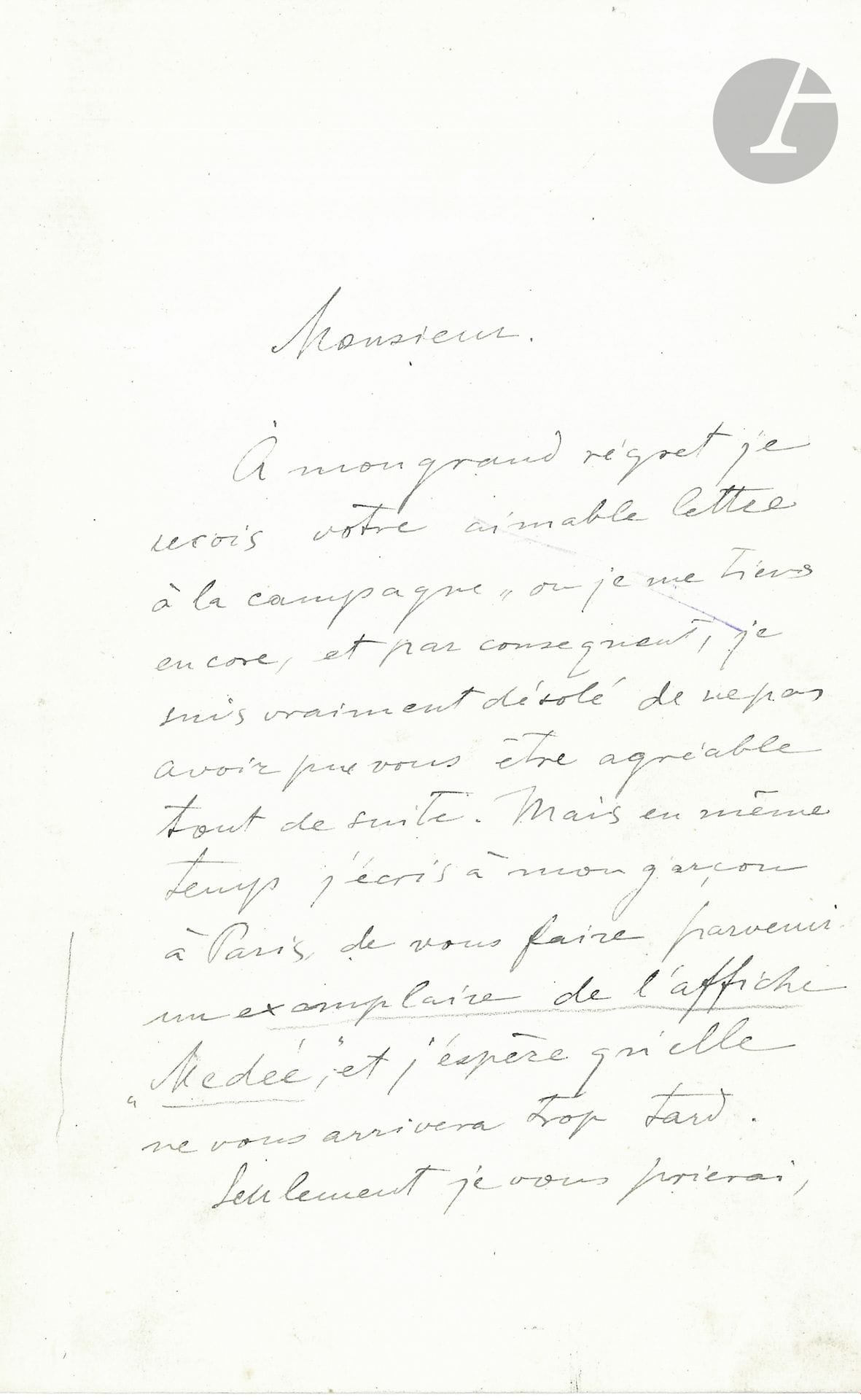 Alfons MUCHA (1860-1939). L.A.S.; 1page et demie in-8; en français.
Il est à la campagne et va faire parvenir à son correspondant «un exemplaire de l’affiche Médée, et j’espère quelle ne vous arrivera trop tard. Seulement je vous prierai,
si cela ne vous contrarierait pas, de la faire revenir dans mon atelier quand vous n’en aurez plus besoin, car j’en ai très peu, et je voudrais en garder quelques unes»... [Il s’agit de sa superbe affiche représentant Sarah Bernhardt dans la Médée de Catulle Mendès en 1898].
