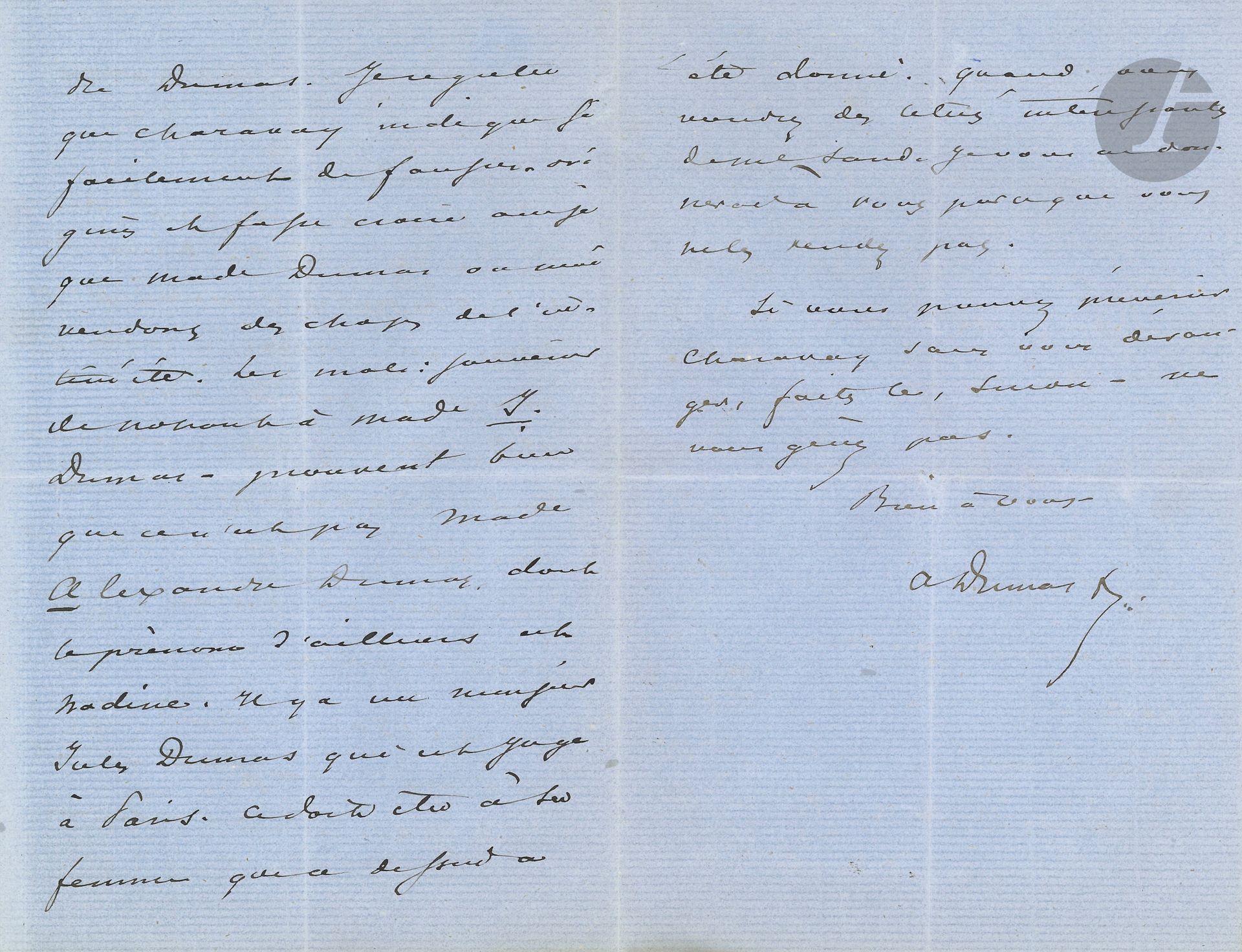 Alexandre DUMAS fils (1824-1895). 21 L.A.S. (et deux cartes de visite), [vers 1878-1882], à Georges Moreau-Chaslon; 42pages in-8 ou in-12, quelques enveloppes.
Correspondance relative à ses achats de tableaux (Bonington, Corot, Lehmann, Vollon…), et à sa collection de peintures et dessins; il évoque aussi l’achat d’un cheval du Jardin d’acclimatation pour sa fille Jeannine…
On joint 2 l.a.s. adr. à Moreau-Chaslon par M. de Fitz-James et H. Rossignol.