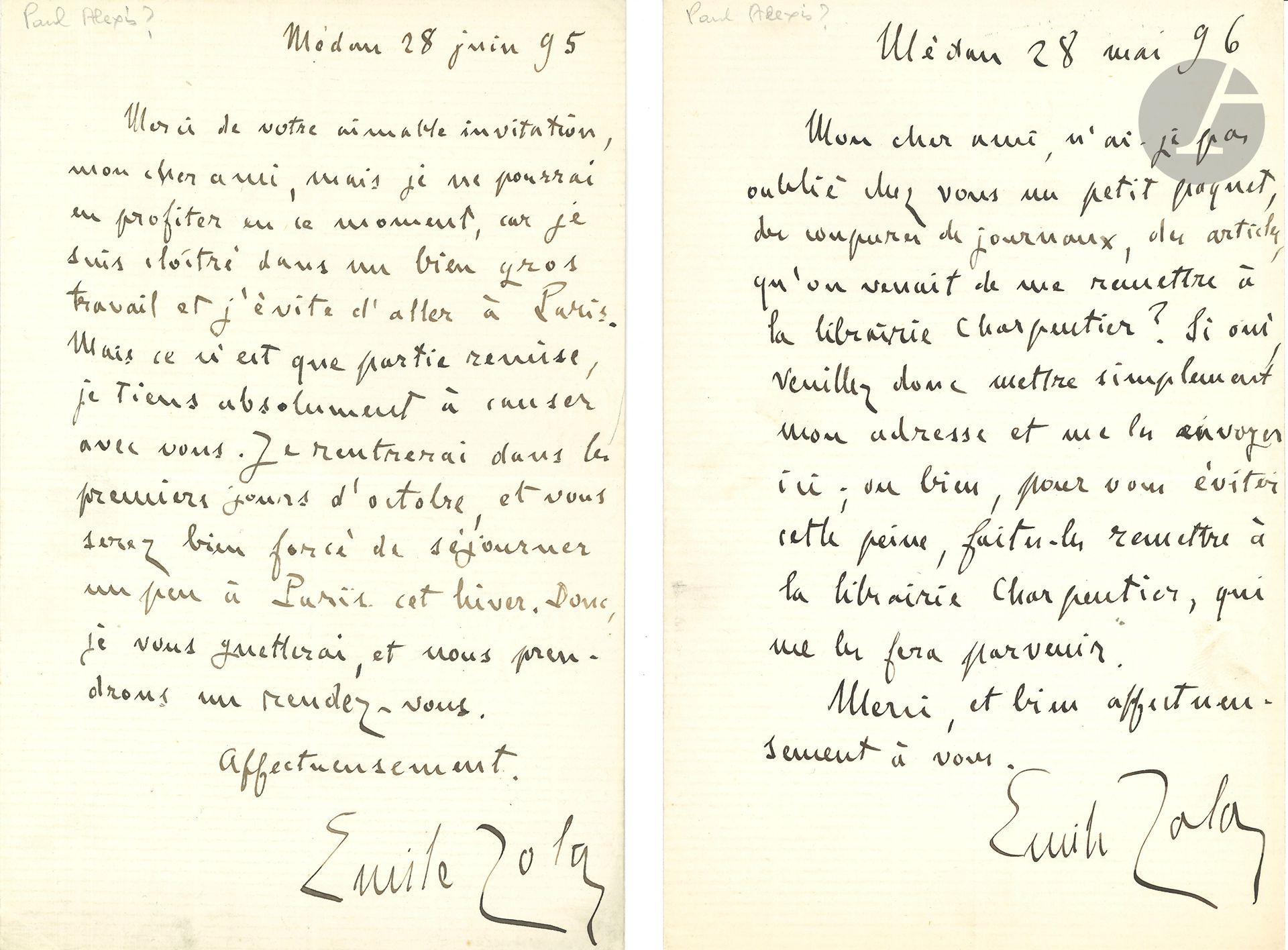 Émile ZOLA. 2 L.A.S., Médan 1895-1896, à un «cher ami» [Paul Bourget]; 1page in-8 chaque.
28 juin 1895. Il ne peut accepter son invitation, «car je suis cloîtré dans un bien gros travail [Rome] et j’évite d’aller à Paris. Mais ce n’est que partie remise, je tiens absolument à causer avec vous. Je rentrerai dans les premiers jours d’octobre, et vous serez bien forcé de séjourner un peu à Paris cet hiver. Donc, je vous guetterai, et nous prendrons un rendez-vous»...
28 mai 1896: «n’ai-je pas oublié chez vous un petit paquet, des coupures de journaux, des articles, qu’on venait de me remettre à la librairie Charpentier? Si oui, veuillez donc mettre simplement mon adresse et me les envoyer ici; ou bien, pour vous éviter cette peine, faites-les remettre à la librairie Charpentier, qui me les fera parvenir»…