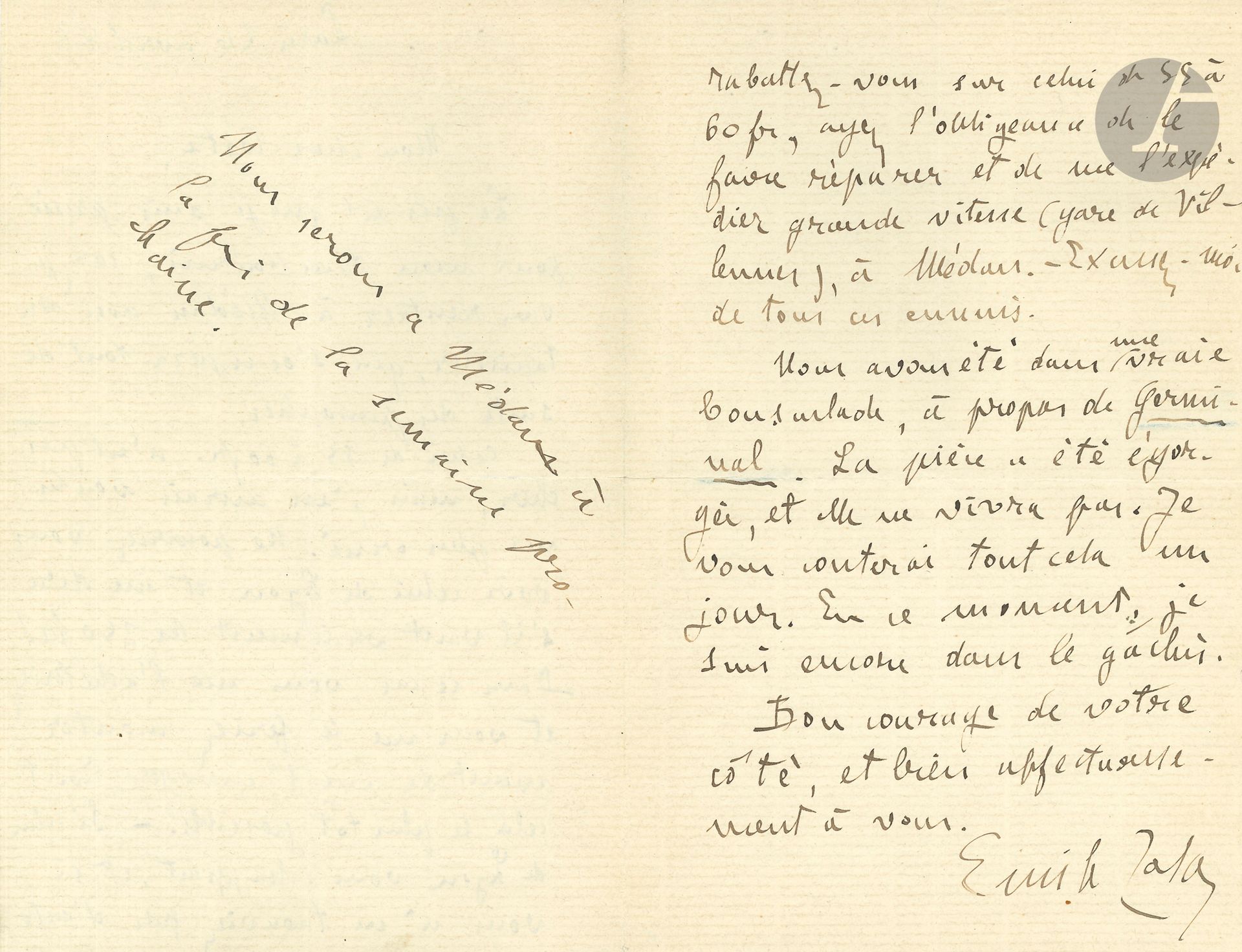 Émile ZOLA. L.A.S., Paris 26 avril 1888, à Numa Coste; 2pages in-8.
Il est pressé pour avoir le tambourin demandé, «car je vais rentrer à Médan avec un tapissier, qui s’occupera tout de suite des panoplies. Celui de 55 à 60fr, n’est pas cher, mais j’en aurais voulu un plus orné. Ne pourriez-vous voir celui de Lyon et me dire s’il vaut vraiment les 250fr? Dans ce cas, vous me l’achèteriez et vous me le feriez monter, avant de me l’envoyer»…
Puis il parle de l’adaptation de Germinal au Châtelet (21 avril-7 mai 1888): «Nous avons été dans une vraie bousculade, à propos de Germinal. La pièce a été égorgée, et elle ne vivra pas. Je vous conterai tout cela un jour. En ce moment, je suis encore dans le gâchis»...