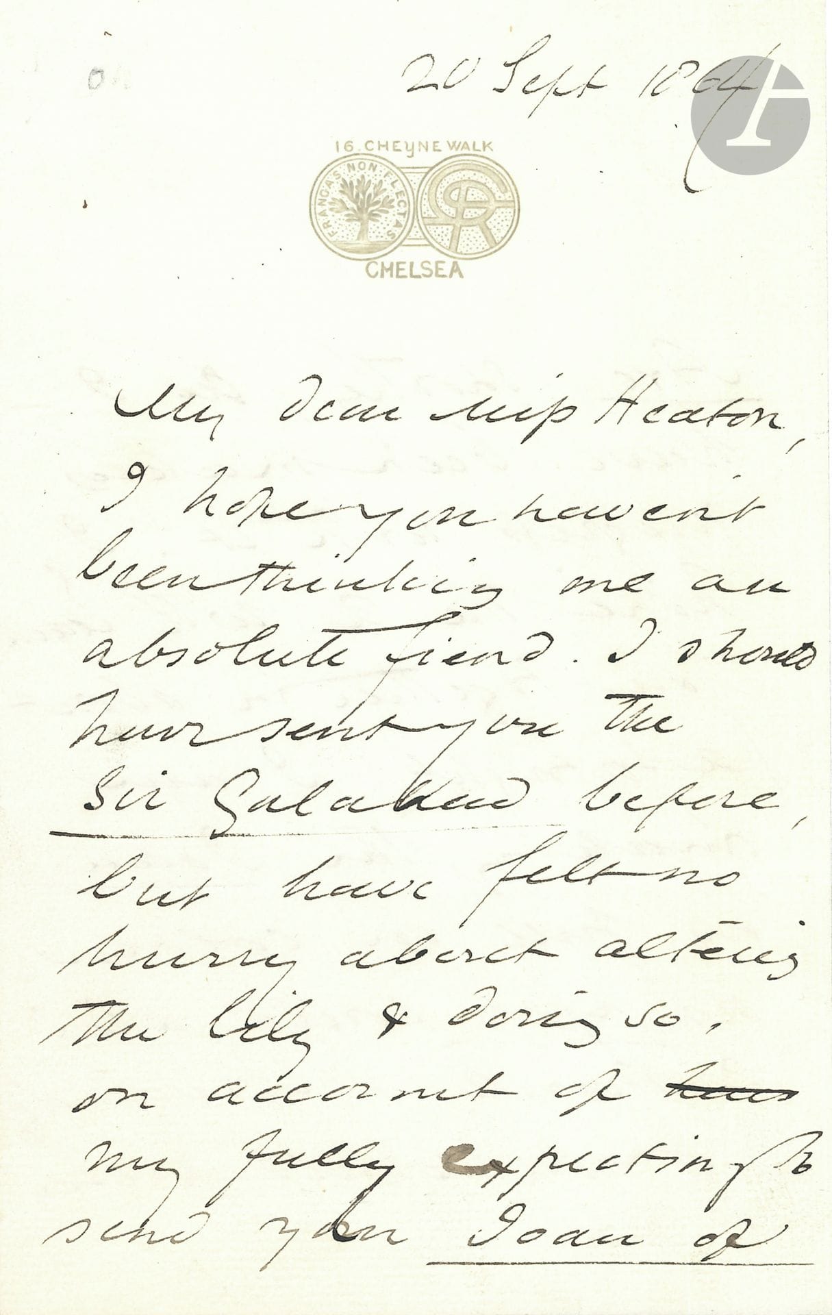 Dante Gabriel ROSSETTI (1828-1882) L.A.S., Chelsea 20 septembre 1864, à Miss Heaton; 3pages in-8, vignette à son monogramme et sa devise Francas non flectas; en anglais (transcription jointe).
Il espère qu’elle ne le voit pas comme un démon («fiend»): il aurait certes dû lui envoyer plus tôt Sir Galahad, mais il voulait aussi lui envoyer en même temps Joan of Arc, sur laquelle il progresse et qu’il lui enverra bientôt: «I am making the Joan as full in colour as you could wish»... Il a mis de côté quelques autographes pour elle, qu’il lui enverra quand il en aura trouvé plus…