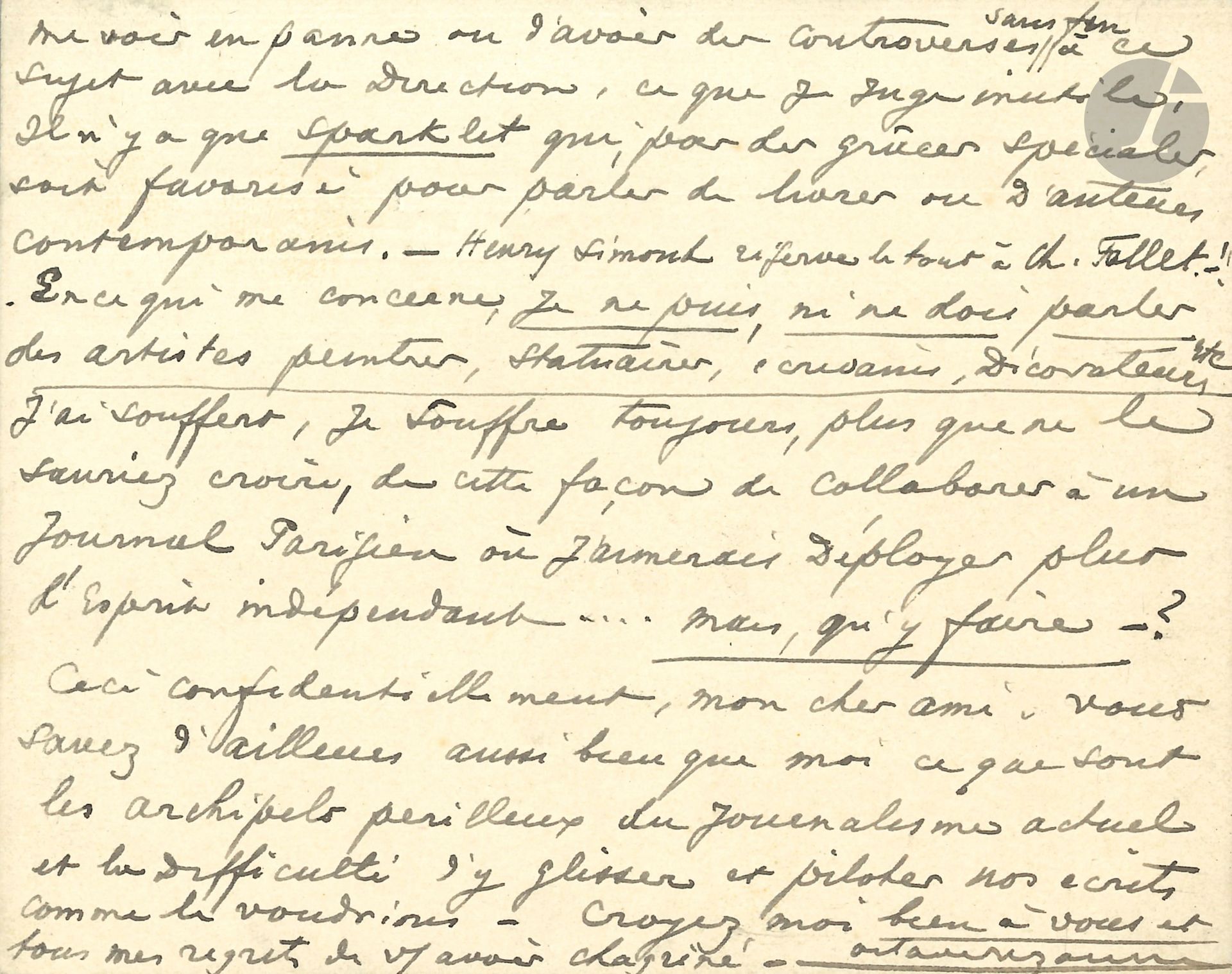 Octave UZANNE (1852-1931). L.A.S., samedi, à Jules Bois; 2pages in-12.
Au sujet d’une série d’articles sur les «femmes de sport», et sa collaboration à l’Écho de Paris où il ne peut «ni citer un livre, ni un auteur vivant»...