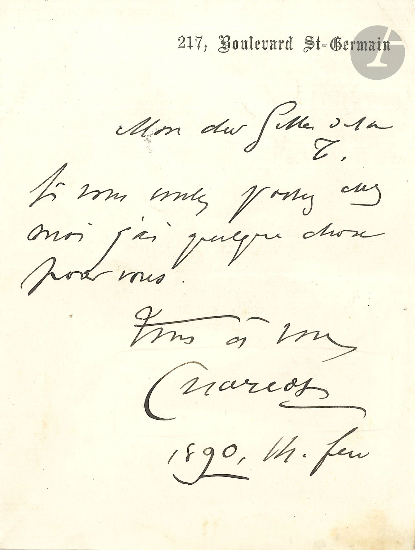 Jean-Martin CHARCOT (1825-1893). L.A.S., 14 février 1890, à Gilles de la Tourette; 1page in-12 à son adresse 217 Boulevard Saint-Germain.
«Si vous passez chez moi j’ai quelque chose pour vous».
On joint une ordonnance autographe signée (1p. oblong in-8); et sa carte de visite, à ses titres, pour son changement de domicile.
