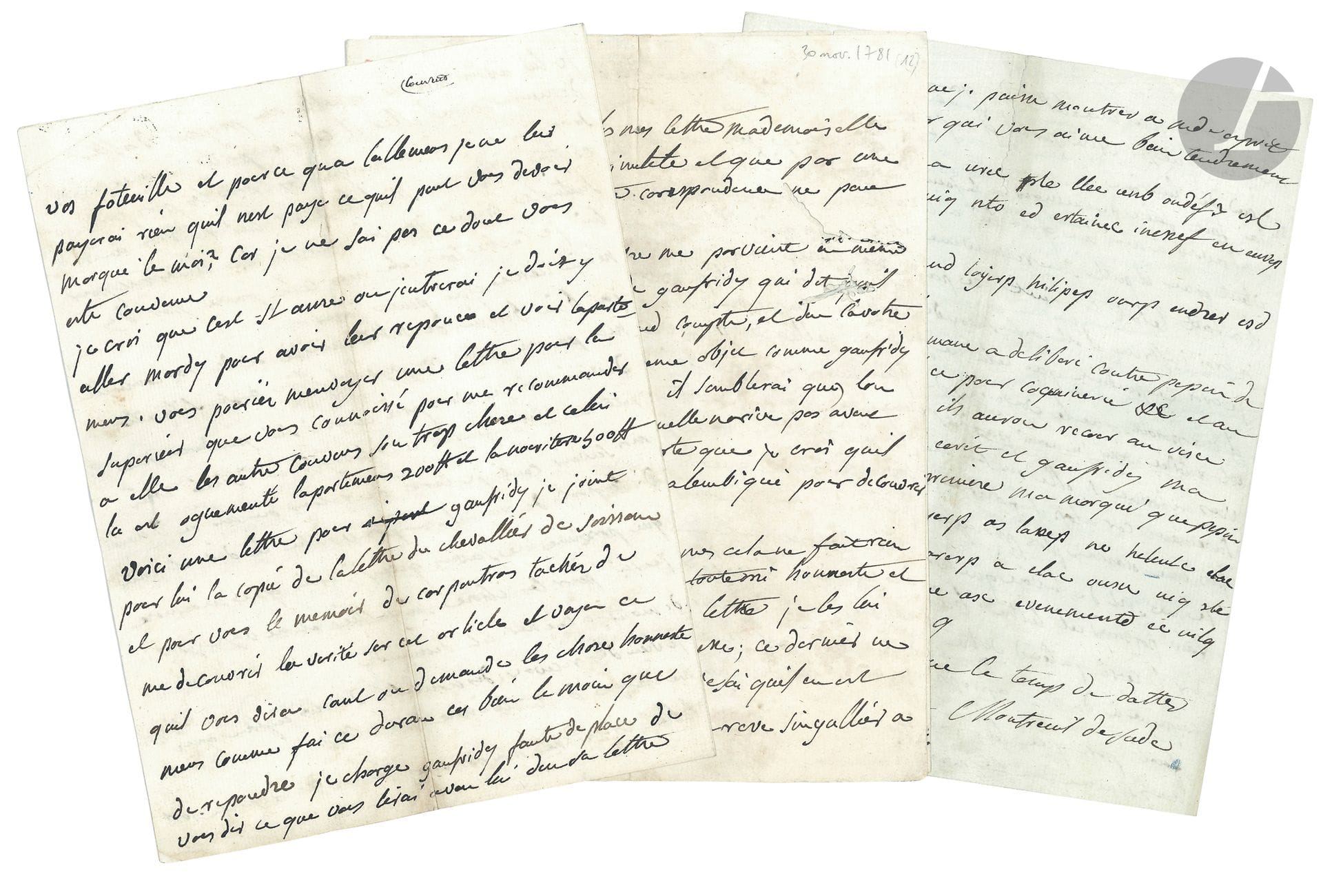 René-Pélagie de Montreuil, marquise de SADE (1741-1810). L.A.S. et 2 L.A., 1781-1782, à Marie-Dorothée de Rousset; 4, 6 et 4pages in-4 (légères mouillures et trous de ver à la 2e).
Intéressantes lettres de sa femme sur la captivité du marquis.
18 août [1781]. Ne recevant pas de nouvelles, elle est allée chez M. Le Noir, qui a avoué qu’il gardait les lettres du marquis: «elle étois pleine de chose affreuse et entrautre que lon ne desiroi de me voir que pour moter la vie &c». Elle est au désespoir: «on lui a interdy lecriture»… Elle cherche une chambre dans un couvent, mais elle ne peut dire la vraie raison: «cela ferai trop de tort a Mr de S»…
30 novembre 1781. Elle porte elle-même ses lettres ou les fait porter par La Jeunesse. Elle a vu son mari «qui ma auffer de lui-même une procuration ma dit les chose du monde les plus tendre et les moins fole. Cest un contraste totale avec ces écrie que je pance nestre pas de lui […] on le traite avec trop de rigueure cest le moyen de lui tourner la tette»… Elle va aller en parler à Le Noir… Il faudrait obtenir l’exil à Montélimar…
4 novembre 1782 (en partie chiffrée) Sur les affaires de La Coste et de la communauté de Saumane; il faut mettre ordre à la sûreté du château, surveiller le garde; elle n’a pas confiance dans le curé…
On joint 3 L.A.S. de son fils le chevalier Louis-Marie de Sade, 1789-an VII.