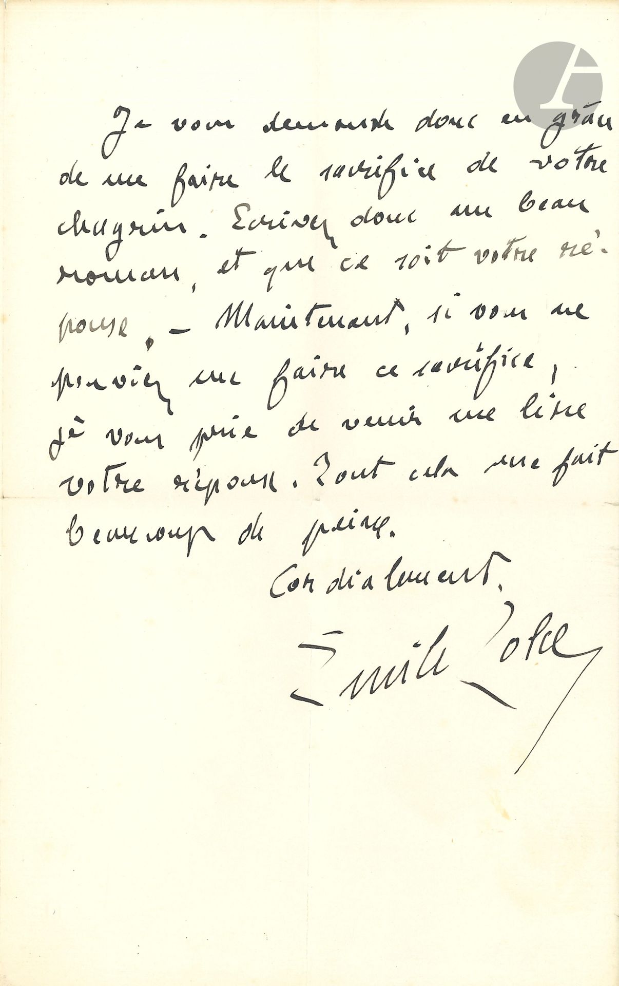 Émile ZOLA. L.A.S., Médan 24 mai 1882, à Paul Alexis; 2pages in-8.
Au sujet d’une polémique entre Paul Alexis et Henry Céard à propos de Musset. [Tous deux avaient participé aux Soirées de Médan.]
«Vous me feriez un bien grand plaisir, mon ami, en ne répondant pas. Votre contradicteur est un entêté à froid qui ne vous laissera pas le dernier mot: il répondra, vous répondrez, et cela finira par du vilain. Je vous en fais ici la facile prédiction. – Croyez-moi, jetez donc une dernière pelletée de terre sur une camaraderie qui est morte. Vous n’existez plus les uns pour les autres. Ne prolongez pas l’agonie de votre amitié littéraire, en vous querellant devant la galerie, qui serait trop heureuse. Je vous demande donc en grâce de me faire le sacrifice de votre chagrin. Écrivez donc un beau roman, et que ce soit votre réponse. – Maintenant, si vous ne pouviez me faire ce sacrifice, je vous prie de venir me lire votre réponse. Tout cela me fait beaucoup de peine»...
On joint une photographie de Paul Alexis par Benque (format in-8).