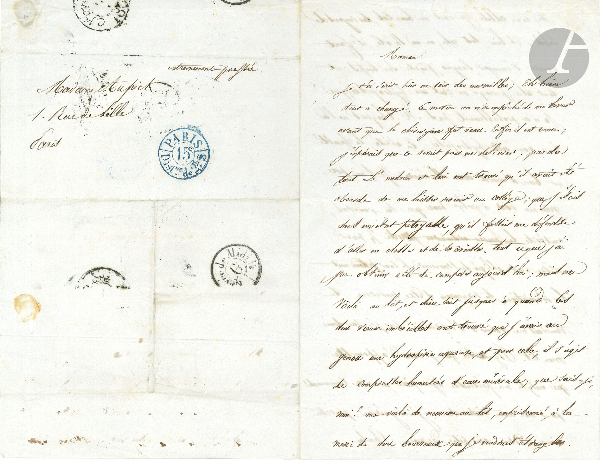 Charles BAUDELAIRE (1821-1867). L.A.S. "Charles", November 7, 1837, to his mother Mme Aupick; 2pages in-8, addressed.
Youthful letter to his mother. [Baudelaire was then a boarder at the Collège Louis-le-Grand].
"Maman, I wrote to you yesterday evening of wonders. Well, everything has changed. This morning I was prevented from getting up before the surgeon came. At last he came; I hoped it would be to deliver me; not at all. He and the doctor thought it was absurd to let me go back to school; that I was in a pitiful state, that I should be forbidden to go to class and work. All I could get was to compose today; but here I am in bed, and God knows until when. Those two old fools have found that I have watery dropsy on my knee, and for that they need compresses moistened with mineral water; what do I know! Here I am again, in bed, imprisoned, at the mercy of two executioners I'd like to strangle. From my cell, I can see a beautiful sky and rays of sunshine. Well, they've taken all that away from me, and I'm still bored, languishing, wasting my time; and all because they see dropsy, which I probably don't have. M. Choquet hasn't seen this dropsy. In truth, the faculty agrees with itself. I beg you, come and see me, at any time you like; but avoid 12 ½ p.m. so you don't have to cross the courtyard during recess, you might get knocked over. You could come and find me in the infirmary, as I'm in bed. Imagine that I've just learned that, despite my alleged dropsy, no treatment has been ordered for me: perhaps I'll get better; goodbye, have mercy on me".
Correspondance (Pléiade), t.I, p.46.