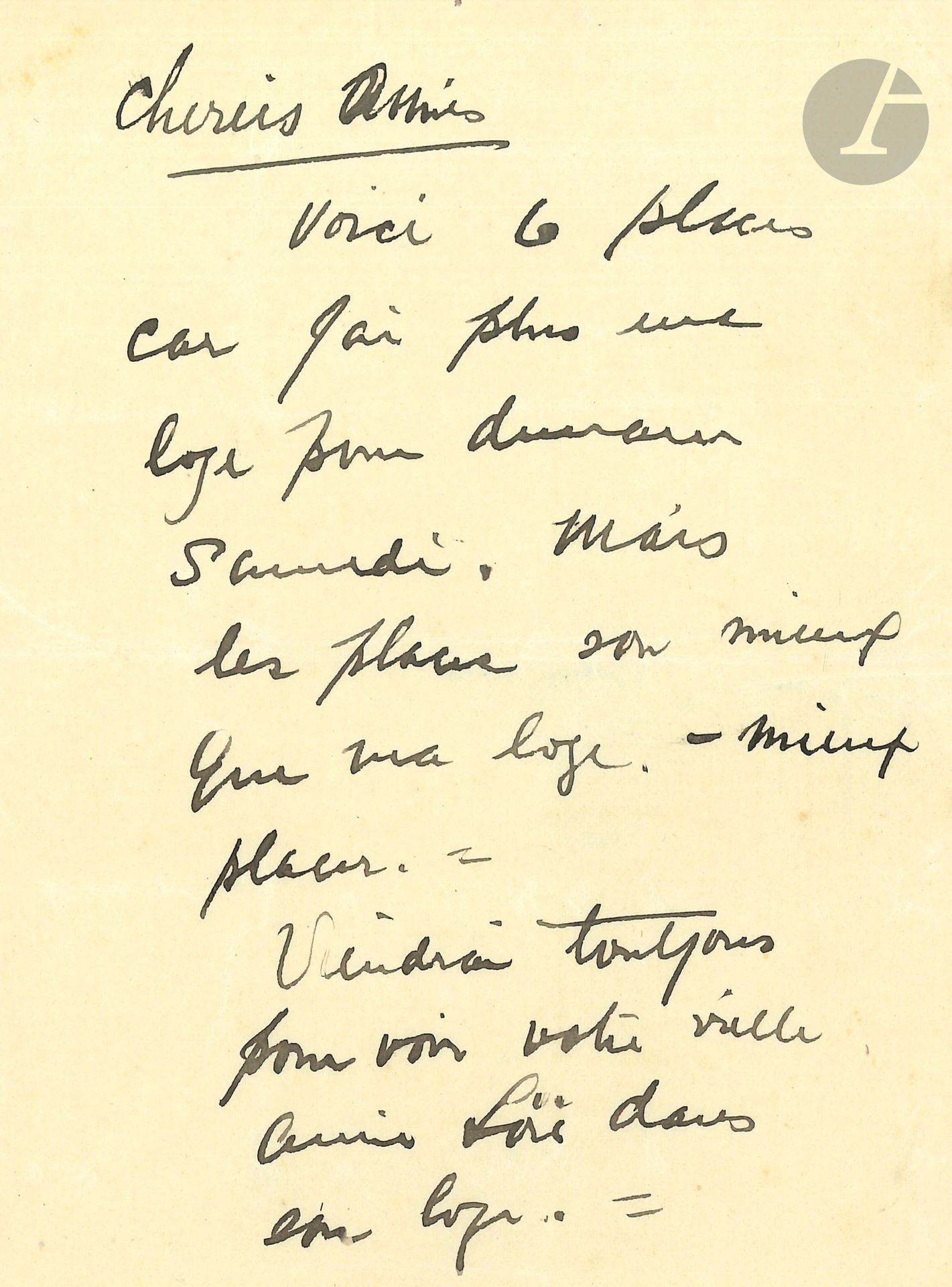 Loïe FULLER (1862-1928). L.A.S. «Loïe» [à Jérôme Doucet]; 1page petit in-8.
Elle envoie des places «mieux que ma loge — mieux placer. Viendrai toujours pour voir votre vieille amie Loïe dans son loge».