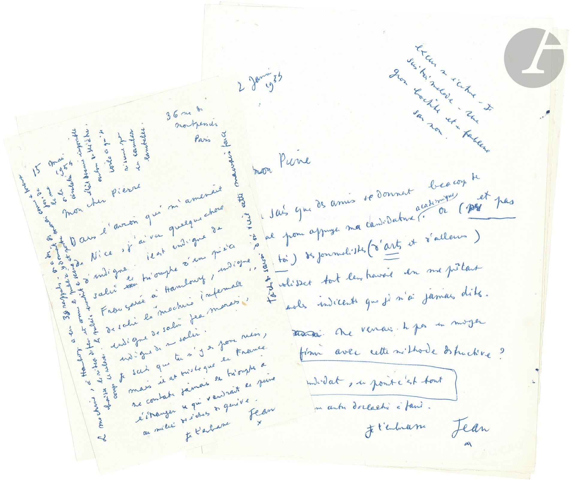 Jean COCTEAU (1889-1963). 17 L.A.S., one a.s. postcard and one telegram, 1954-1963, to Pierre Lazareff, director of France-Soir and France-Dimanche; 18pages in-4 or in-8, 2 envelopes (with 7 double dactyl. replies).
Correspondence to the director of France-Soir and France-Dimanche, requesting explanations, insertions or corrections.
May 15 1954. He protests against an article: "It is unworthy to sully the triumph of a French play in Hamburg, unworthy to sully La Machine infernale, unworthy to sully Jean Marais, unworthy to sully me" (Lazareff replies that it is a translation error and on May 17, sends the corrected article, for which Cocteau thanks him). - January 1955: on his candidacy for the Académie française, supported by friends who go to great lengths: "Now (and not with you) journalists (from Arts and elsewhere) are demolishing all their work by attributing to me indecent words that I have never said. Can't you see a way to put an end to this destructive method? I'm a candidate, period" [he will be elected on March 3]. - October: he complains about an article in France-Dimanche which, on the other hand, asks for his acceptance speech to the Académie française "in Peter Cheney style"; he urges Lazareff to certify "that this text will not be accompanied by any ridiculous commentary or any image likely to disfigure its purely linguistic meaning"...
March 23, 1958: he asked for a correction to be inserted following an article stating that he was going to design ties: "Very shocked by this ridiculous announcement by a tie merchant, I would like it to be known that this kind of enterprise does not concern me". - April 29, 1959: "What's happened to me is atrocious. 15 journalists came to Milly to ask me if Princess Margaret was at home. [...] The words they made me say are indecent and ridiculous. I never said them"; he begged for a correction to be published: "For me, the whole of England and Oxford are at stake"... - September 9, 1960, after Le Testament d'Orphée: "After this extraordinary marathon and the triumph in theatres, I thank France-Soir for dragging me through the shit"... 
March 11, 1961. Awarded the Légion d'honneur, and overwhelmed by the flood of congratulations, he asks Lazareff if he can "express my gratitude through France-Soir". - May 10: from Marbella, he asks Lazareff to set the record straight about Jérôme Kilby's play Cher Menteur, of which he is only the adaptor: "In truth, the real authors in France are Maria Casarès and Pierre Brasseur, because one has the impression that they improvise"...
June 16, 1963: he is convalescing at Jean Marais's, but journalists had come to see him: "I wasn't yet capable of 'paroles' and Match had photographed me on the fly, between the Palais-Royal and Jeannot"; he embraces Pierre and Hélène Lazareff "with all this poor messy heart"... Etc.
We enclose 2 L.A.S. to Hervé Mille, of France-Soir: - [December 31, 1951], about the Cocteau-Mauriac controversy over the play Bacchus (Cocteau's article Je t'accuse... Lettre ouverte à François Mauriac enclosed); - November 28, 1953, on the death of Henry Bernstein: "The 'literary' theater killed him [...] His triumphs were the triumph of the anecdote and the dramatic news item"...