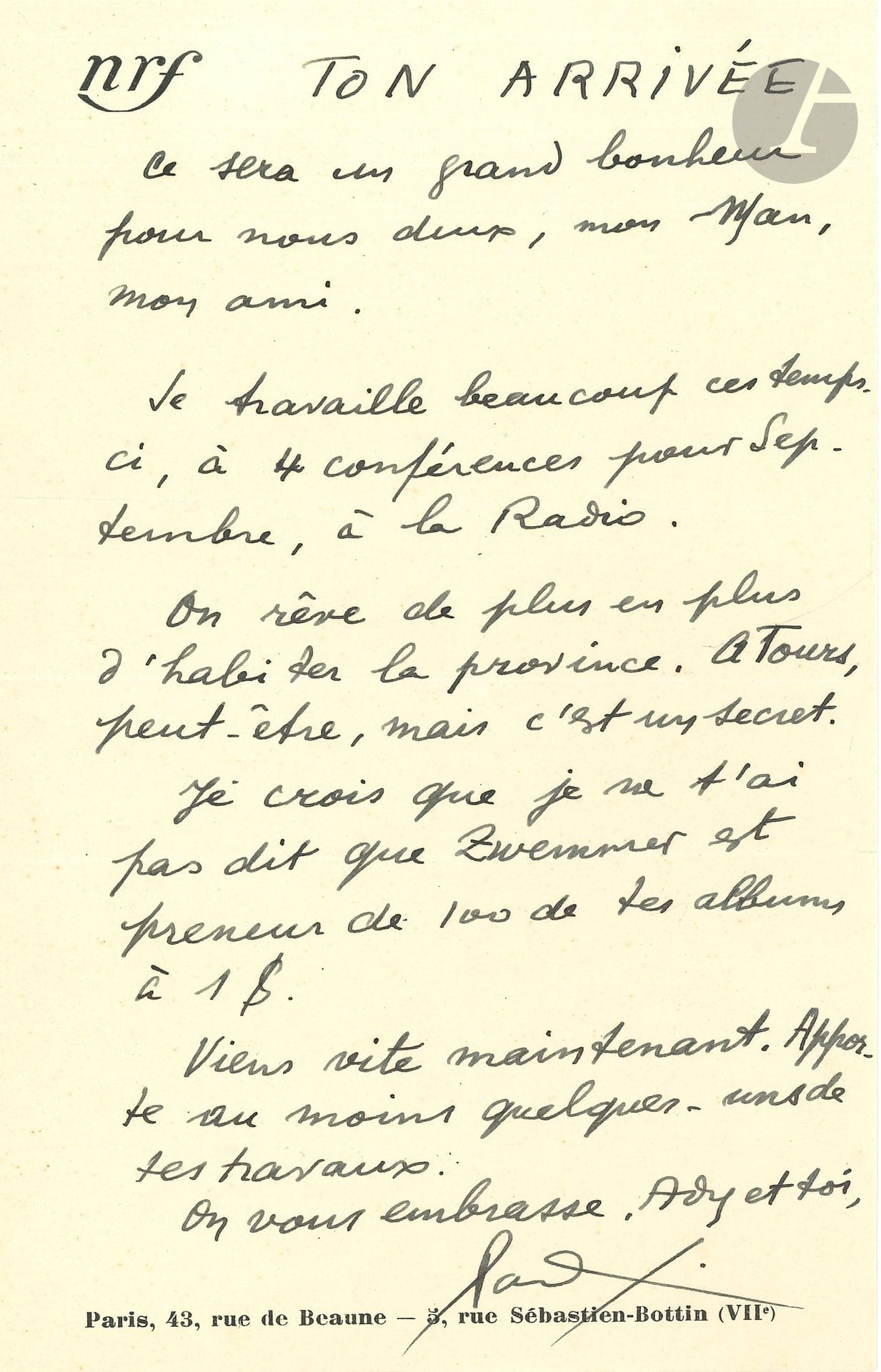 Paul ELUARD (1895-1952). L.A.S. «Paul», [1935?], à Man Ray; 1page in-8 à en-tête nrf.  «TON ARRIVÉE ce sera un grand bonheur pour nous deux, mon Man, mon ami. Je travaille beaucoup ces temps-ci, à 4 conférences pour Septembre, à la Radio. On rêve de plus en plus d’habiter la province. À Tours, peut-être, mais c’est un secret». Il lui annonce que le libraire et galeriste londonien Anton Zwemmer «est preneur de 100 de tes albums à 1 / . [Facile with Paul Eluard (Paris, GLM, 1935)?] Viens vite maintenant. Apporte au moins quelques-uns de tes travaux»…
