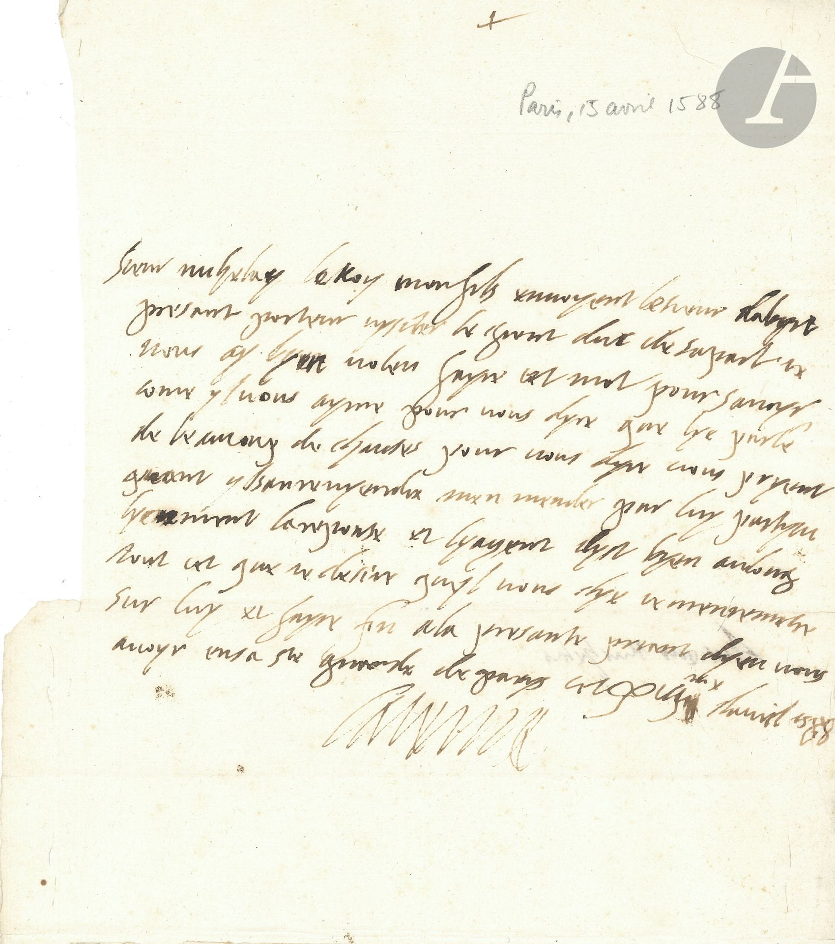 CATHERINE DE MEDICIS (1519-1589). L.A.S. «Caterine», Paris 13 avril 1588, à Horatio Ruccellai; demi-page in-fol., adresse.
Négociations pour un mariage princier.
[Ruccellai avait été envoyé par Catherine de Médicis auprès du Grand-Duc de Toscane Ferdinand de Médicis pour négocier le mariage de la petite-fille de Catherine, Christine de Lorraine, avec le Grand-Duc. Ce furent de laborieuses négociations. Le mariage eut enfin lieu le 30 avril 1589, après la mort de Catherine de Médicis survenue le 5 janvier 1589.]
«Sieur Ruchelay le Roy mon fils [Henri III] envoyent le sieur Dabyn presant porteur vysiter le grant duc de sa part je vous ay byen voleu fayre cet mot pour savoyr corne yl vous ayme pour vous dyre que lye parle de beaucoup de chauses pour vous dyre vous pryent quant yl san revyendra men mender par luy partyculyerement la reponse et ly ayent dyst byen aulong tout cet que je desire quyl nous dye je men remetre sur luy»...