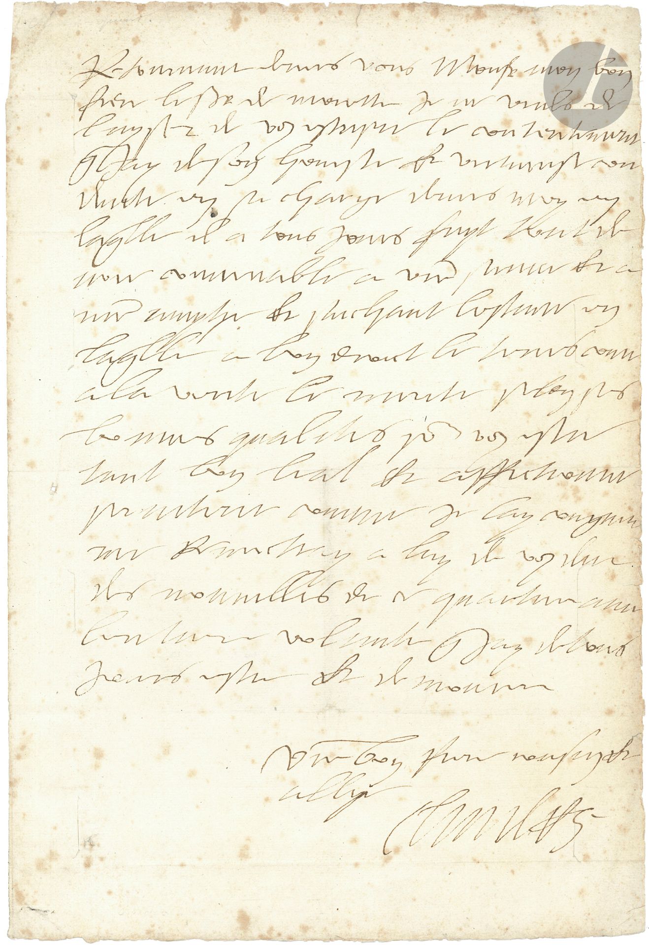CHARLES QUINT (1500-1558). L.A.S. à François Ier; 1page in-fol., adresse au verso «Au Roy tres chrestien Monsieur mon frere».
«Retournant devers vous Monsieur mon bon frere le Sgr de Morville je ne veuls de laysser de vous escryre le contentement que jay de son honeste & vertueuse conduite en sa charge devers moy en laquelle il a tous jours fayt son debvoir convenable a vostre service & a nostre amytye & scachant lestime en laquelle a bon droict le tenes come a la verite le merite selon ses bonnes qualites pour vous estre tant bon leal & affectionne serviteur comme je lay congneu me remectray a luy de vous dire des nouvelles de ce quartier avec lentiere volunte que jay de tous jours estre et demourer vostre bon frere coudin & allye Charles».
Ancienne collection Alfred Morrison, Second Series, vol. II, p.168 (1).