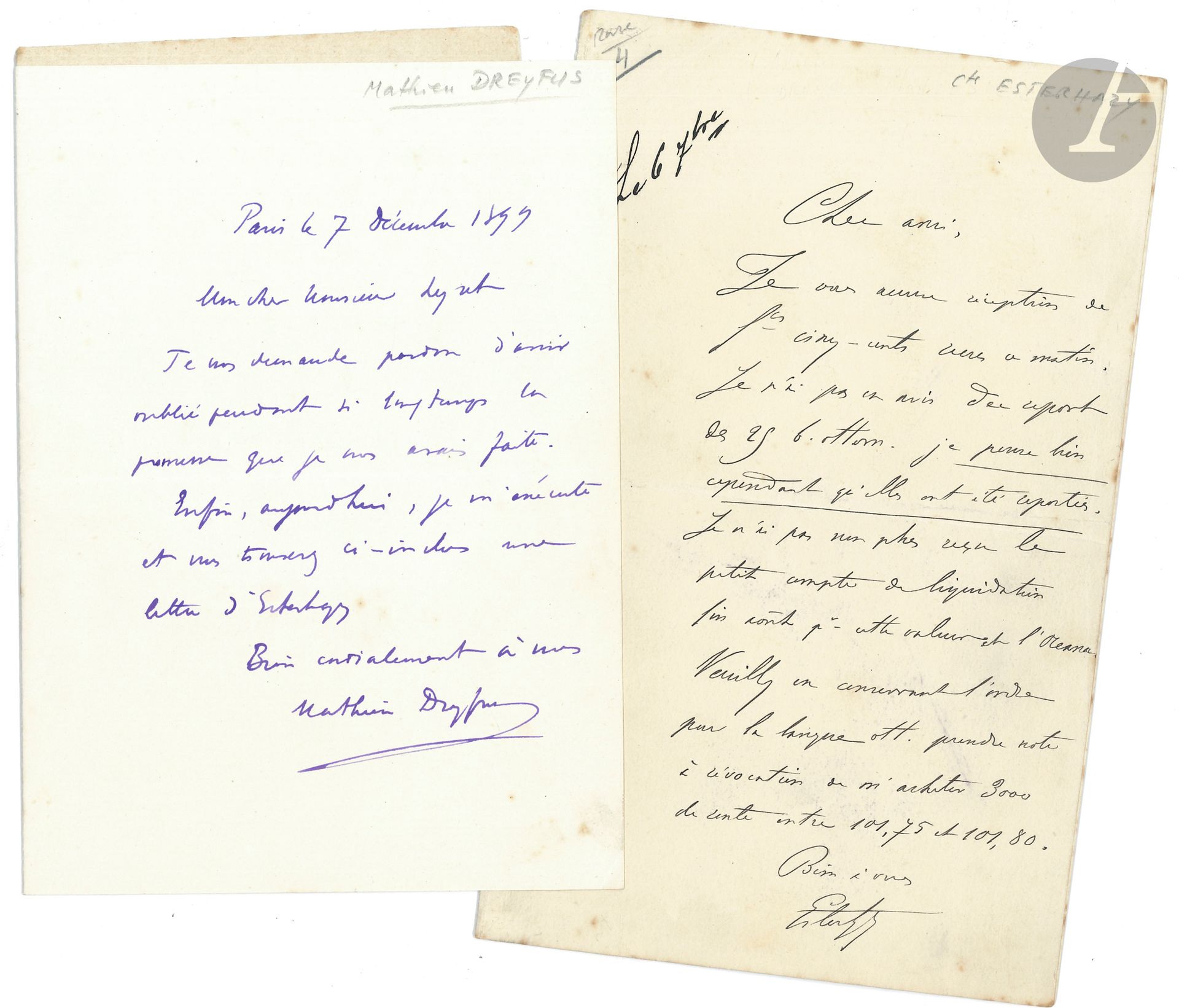 Affaire DREYFUS. 4 L.A.S., 1899-1906.
Henri ROCHEFORT (1831-1913). 23 septembre 1899, au journaliste Henri Galli (2pages in-8, une ligne coupée au bas de la première page). Après le procès de Rennes, que Rochefort a suivi depuis Aix-les-Bains: «Je croyais à l’acquittement et j’en étais malade. Aussi ai-je sauté joie en lisant le jugement […] Il faut croire que l’opinion est bien avec nous jamais l’Intransigeant ne s’est vendu autant que maintenant. Voilà que les torchons dreyfusards se mettent à insulter Galliffet. Ça va être très amusant. […] Nous sommes vainqueurs voilà l’essentiel, mais je vous prie de croire que j’en ai sué jusqu’au dernier moment»…
Mathieu DREYFUS (1852-1930). Paris 7 décembre 1899, à M. Lyret (1p. in-8), lui adressant la lettre d’Esterhazy (ci-dessous).
Ferdinand ESTERHAZY (1847-1923). 6 septembre, à un ami (1p. in-8), à propos d’affaires d’argent et de bourse.
Edgar DEMANGE (1841-1925, avocat de Dreyfus). Paris 13 juillet 1906, à un ami (3p. in-8). Au lendemain de l’annulation par la Cour de Cassation du jugement de septembre 1899. «Depuis un mois que je ne vis plus que pour et à la Cour de Cassation, j’ai perdu de vue la “politique ” et mes “intérêts”». La politique va prendre du repos et ses intérêts «c’est-à-dire “mes cigares” sont bien compromis» si son ami ne le lui en achète pas quatre boîtes. En post-scriptum, il ajoute: «Que dis-tu de l’arrêt?»