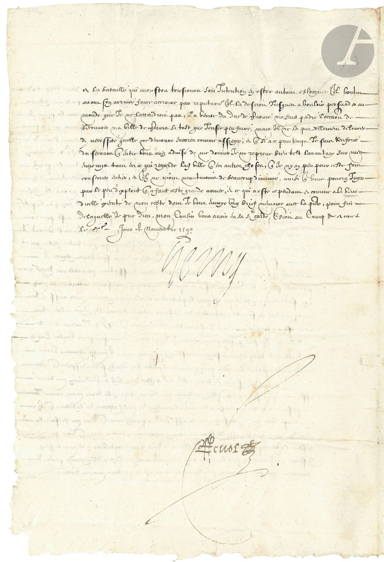 HENRI IV (1553-1610). L.S., camp d'Anet November 20, 1590, to Duke Casimir, Prince of the Holy Empire; countersigned by Louis de Revol (1531-1594); 1 1/2 pages in-fol, addressed "A Mon Cousin le duc de Cazimir prince du st empire" with trace of small red wax seal.
Interesting long diplomatic letter after the lifting of the siege of Paris.
[It is addressed to Duke Jean-Casimir of the Palatinate (1543-1592), when, in the first year of his reign, Henri was fighting against the Spanish-backed League; after the victory at Ivry, he laid siege to Paris, but the approach of the Duke of Mayenne and the Duke of Parma forced him to lift the siege. After his abjuration (July 25, 1593), he was finally able to enter Paris on March 22, 1594].
He was awaiting news from Orazio Pallavicino of the trip he had made to Germany "on behalf of the King of England [Elizabeth I] in favor of my affairs", when he received two letters from Duke Casimir, warning him "of the help that the princes my good friends, among whom I hold you to be the first, have deliberately granted me". He thanks Casimir for his goodwill and affection. He decided to send his cousin the Viscount de Turenne [Henri de La Tour d'Auvergne (1555-1623)] to Germany to deal with the German princes, and to receive Casimir's advice, "for the particular good of my affairs, but also in all that concerns the security and convenience of others, as estimant les ungs et les autres nous estre a tous communs et inseparables". He expresses the hope that Casimir's health will be restored, so that he can "enjoy the reward of the good assistance you will have contributed to this need of mine". Casimir will have learned of "the separation and separation that I am making of a large part of my army through my provinces and towns, after having tried by all means to attract the enemy to battle, which always showed his intention to be so far away from it that he wanted, before his army, to make it appear by reputation that he despised it, to the point of wanting to persuade the world that I was not waiting for him, the arrival of the Duke of Parma made me lose the opportunity to recover my city of Paris as soon as I could, but he didn't release it from necessity so much that it is still under siege; and that if in this spring I am strengthened by the help which you have advised me to give, I may not soon regain the upper hand over my enemies, both in what concerns the said city and in other matters, which I have not been able to keep intact for this time, and which they have nonetheless greatly diminished, as you will be able to judge by the little exploits made by this great army, and which has nevertheless been executed on my side, as you have seen"...