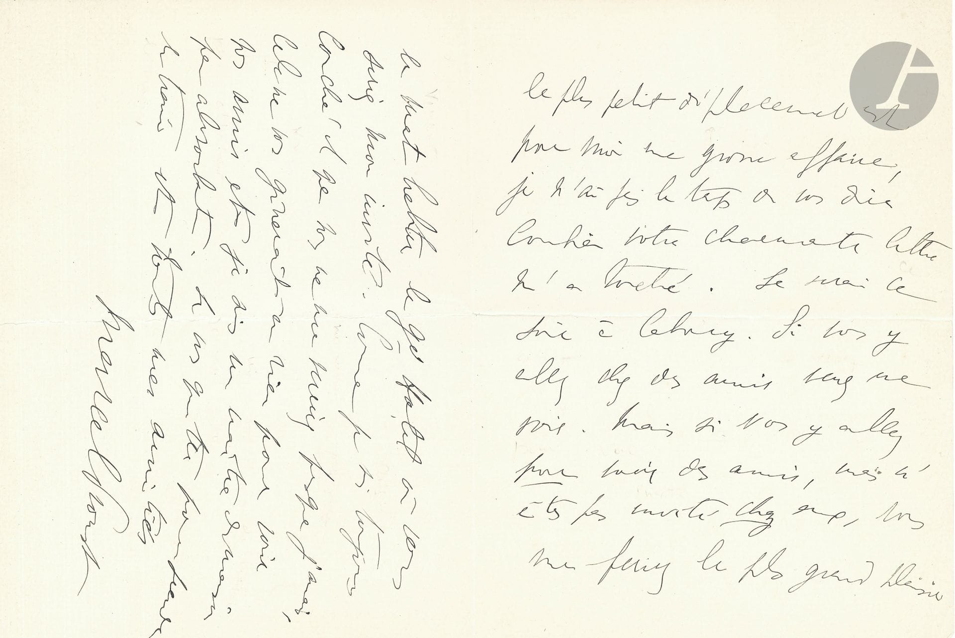 Marcel PROUST (1871-1922). L.A.S., [Paris 7 août 1912], à Jean-Louis Vaudoyer à Jouy-en-Josas; 3page in-8, enveloppe.
Départ pour Cabourg [on sait que Cabourg inspira à Proust les belles descriptions de Balbec dans la Recherche.]
Proust se «décide brusquement à partir tout à l’heure pour Cabourg», après être resté longtemps incertain.: «le plus petit déplacement est pour moi une grosse affaire». Il sera le soir même à Cabourg. «Si vous y allez chez des amis, venez me voir. Mais si vous y allez pour voir des amis, mais n’êtes pas invité chez eux, vous me feriez le plus grand plaisir en venant habiter le Gd Hôtel où vous seriez mon invité. Comme je suis toujours couché et que vous ne me verriez presque jamais, cela ne vous gênerait en rien pour voir vos amis et je suis un maître de maison peu absorbant»...
Correspondance, t.XI, n°95.