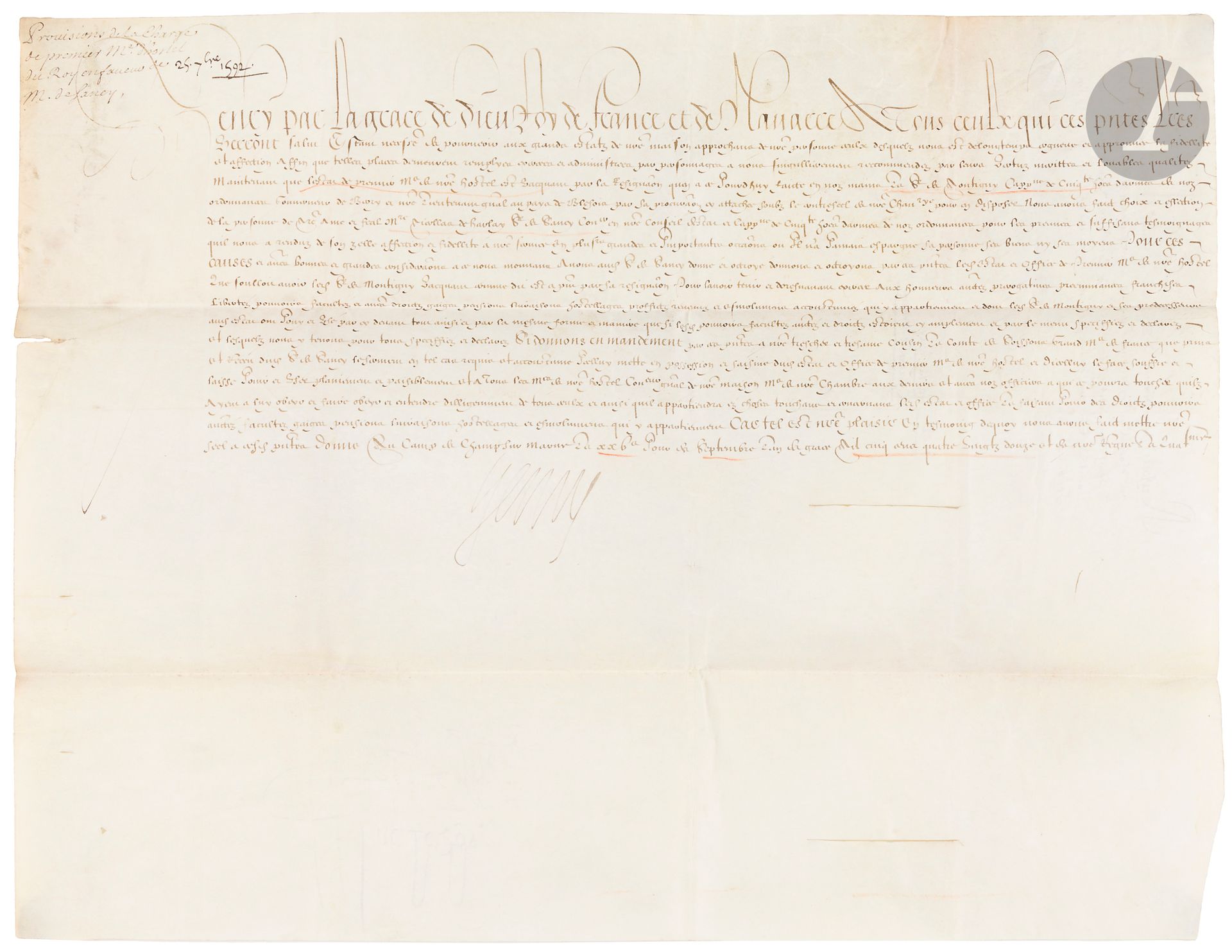 HENRI IV (1553-1610). P.S. «Henry», au camp de Champ sur Marne 25 septembre 1592; vélin oblong in-folio.
Nomination de Nicolas de HARLAY, sieur de SANCY, comme Premier Maître de l’Hôtel du Roi, «pour les preuves et suffisans temoignages quil nous a renduz de son une affection et fidellité a nostre service en plusieurs grandes et importantes occasions ou il na jamais espargné sa personne ses biens ny ses moyens»... [En effet, en 1589, c’est en engageant ses pierreries et son fameux diamant que Nicolas Harlay de Sancy (1546-1629) put lever en Suisse les troupes qui manquaient au Roi de France.]