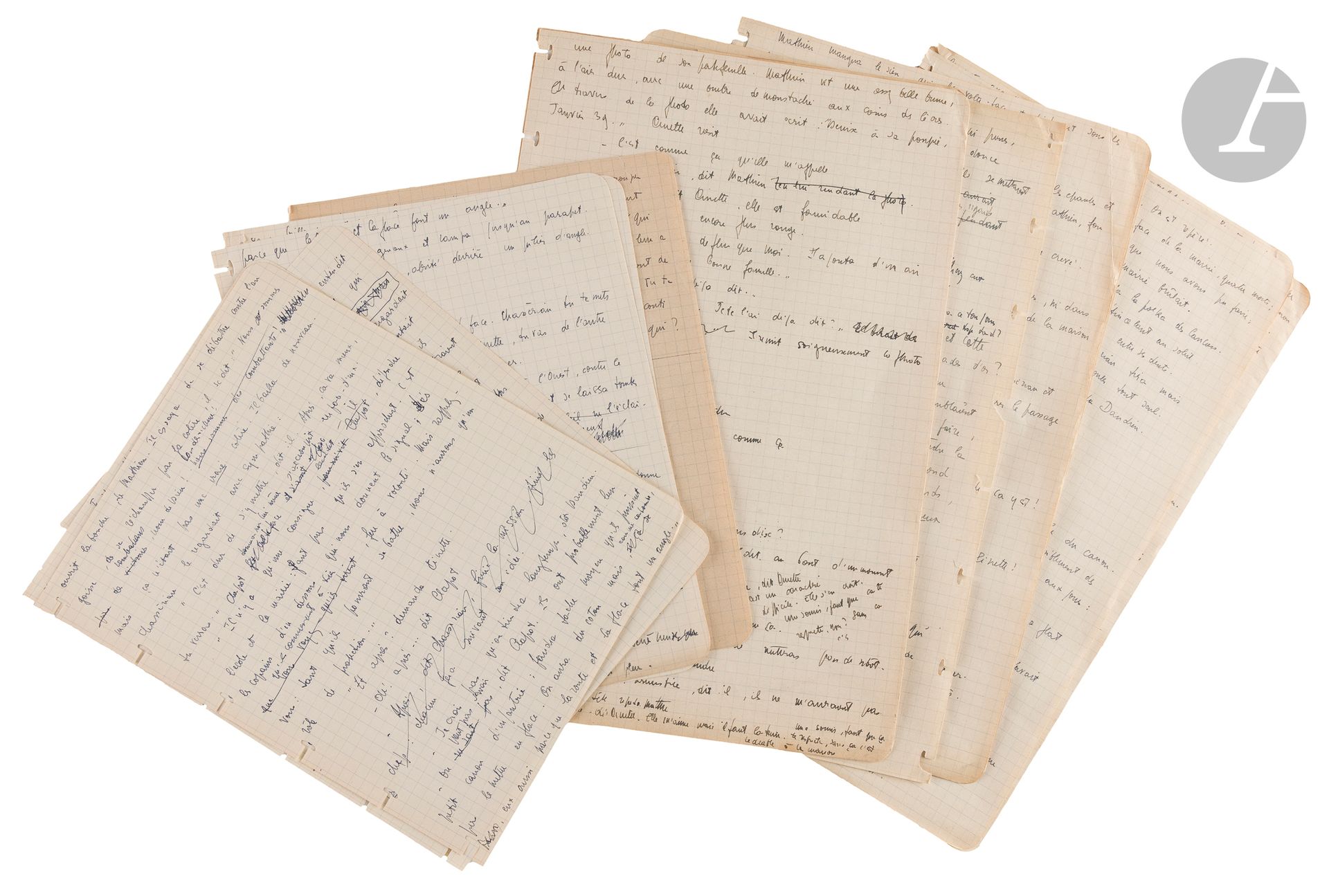 Jean-Paul SARTRE (1905-1980). Autograph manuscripts for La Mort dans l'âme; 5pages and a half in-4 and 17pages in-fol. in sheets, in flapped linen folder and negro head chagrin slipcase.
Drafts for the end of the first part of La Mort dans l'âme, third volume of Les Chemins de la Liberté, published in 1949.
In midnight-blue ink on squared sheets of paper, the manuscript shows numerous erasures and corrections, and variants with the printed text. These sheets relate to the final episode of Part One, and correspond to pages 1213 to 1342 of the Œuvres romanesques in the Bibliothèque de la Pléiade. 
In a village, Mathieu and his comrades Clapot, Pinette and Dandieu see the Germans arrive; this episode is inspired by an autobiographical event.