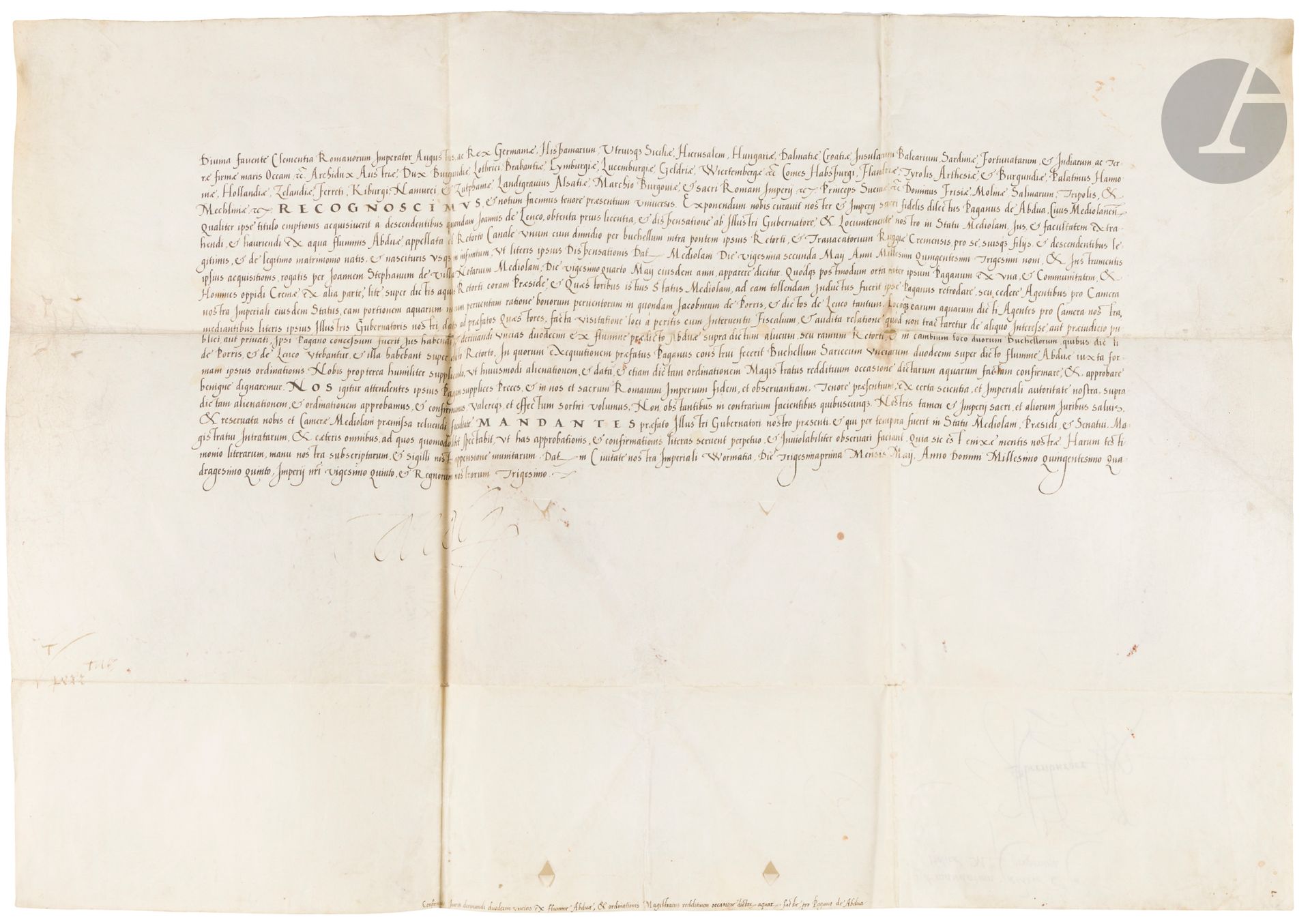 CHARLES QUINT (1500-1558). P.S. "Carol", Worms May 31, 1545; vellum broadside (12 x 60 cm); in Latin.
Privilege granted to Pagano de Abdua [Adda], citizen of Milan, concerning his rights over the waters of the river Adda and the Retorto canal.