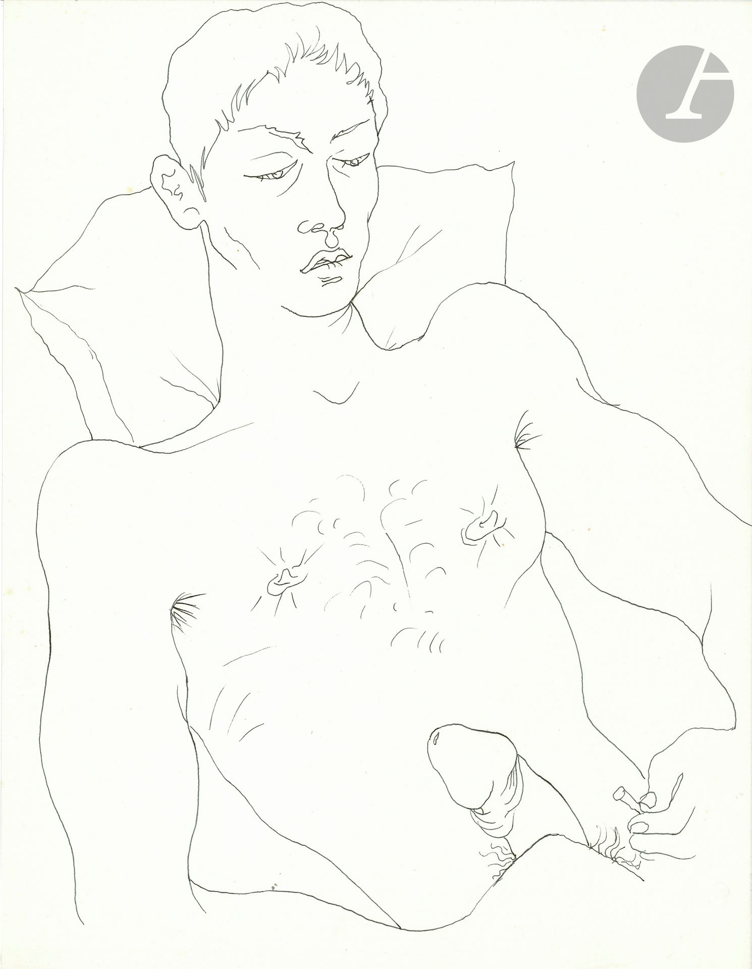 Jean COCTEAU (1889-1963). Dessin original à la plume; 27 x 21 cm.
Garçon nu tenant une cigarette près de son sexe.
