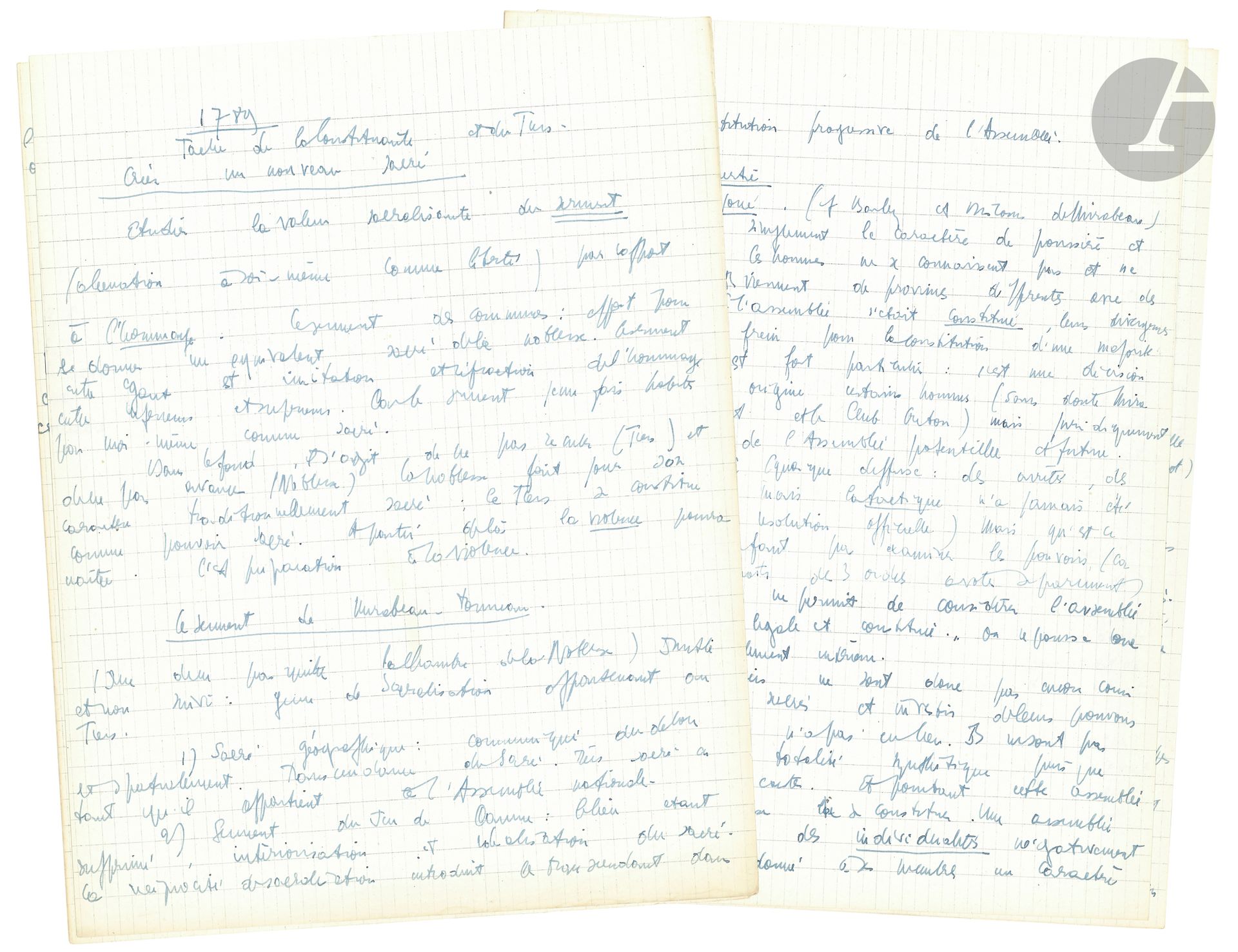 Jean-Paul SARTRE (1905-1980). Manuscrit autographe, [Sur la Révolution française]; sur 39pages in-4 d’un bloc Diane avec sa couverture d’origine.
Manuscrit inédit pour un ouvrage sur la Révolution Française.
C’est une étude très fouillée, documentée et détaillée des débuts de la Révolution. Texte d’un grand intérêt où Sartre, à une analyse serrée des discours et écrits des principaux personnages, superpose une analyse et une interprétation «sartriennes». Ainsi à propos des Droits de l’homme: «C’est le moment où le mouvement historique se nie en opposant au droit historique le droit éternel. C’est le moment où l’histoire crée une patrie du droit antérieure et supérieure à l’histoire. [...] D’où force conquérante de l’idéal et naissance de l’impérialisme révolutionnaire. Les particularismes nationaux sont fondés sur l’histoire et la tradition; mais les Révolutionnaires victimes des particularismes des institutions et des privilèges ne peuvent s’en défaire qu’en proposant l’idéologie de l’universel et de l’éternel. Par suite leur idéologie les met nécessairement en conflit avec les autorités formées parce qu’elle est naturellement adoptée par les exploités. En un mot la bourgeoisie française ne pouvait se libérer qu’en se portant à l’universel. D’où les dangers pour la classe bourgeoise:
prolétaires/socialisme
nègres/ruine des colons
Européens/guerre».
De même un autre développement sur le thème «Commander c’est obéir»; discussion de «l’erreur marxiste» à propos de la praxis et du besoin de l’homme dans l’entreprise et dans la société, etc.
Sartre étudie encore: «la convocation des États Généraux»; le «Programme des Seigneurs»; «la générosité comme rapport institutionnel entre l’aristocratie et le tiers, entre le roi et la nation»; «De la constitution d’une Société»; «1789. Tâche de la Constituante et du Tiers. Créer un nouveau Sacré»; «Constitution progressive de l’Assemblée»; étude de discours et d’écrits de Malouet, Luxembourg, duc de Montmorency, Mallet du Pan, du Journal politique national; «Droits de l’homme»; «commander c’est obéir»; «le Doublement».