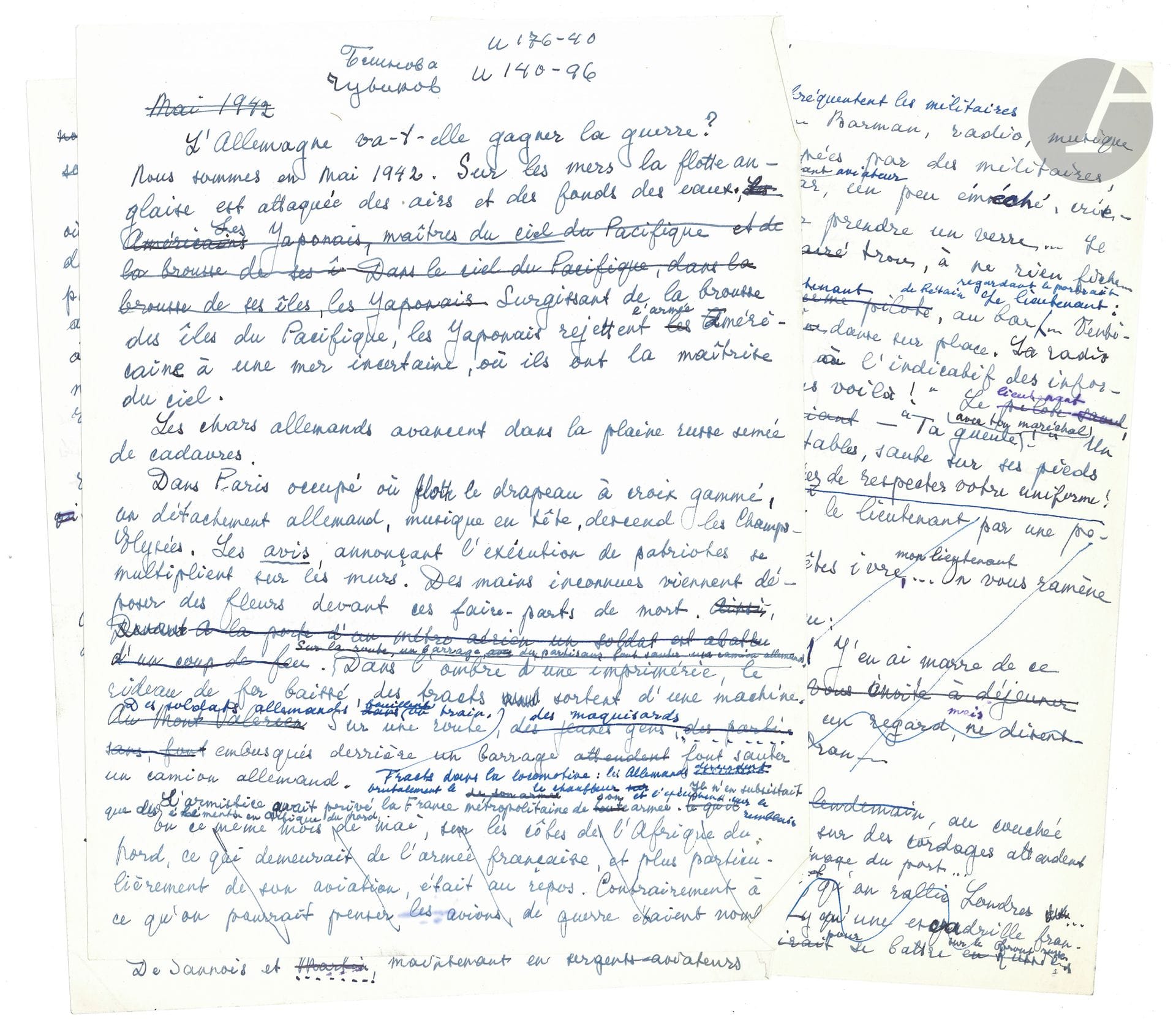 Elsa TRIOLET (1986-1970). Manuscrit autographe pour Normandie-Niémen, [1949?]; 72feuillets in-4 ou in-fol. (certains recto-verso).
Brouillons et manuscrits de premier jet pour le scénario du film Normandie-Niémen.
Elsa Triolet écrivit un premier scénario en 1949, qui fut abandonné; c’est très probablement le manuscrit que nous présentons. Le projet fut repris dix ans plus tard; le scénario et les dialogues étaient signés par Charles Spaak, Elsa Triolet et Constantin Simonov qui déclarait: «À la base de Normandie-Niémen, il y avait une idée née de l’histoire elle-même: raconter comment les aviateurs français avaient combattu les fascistes allemands sur le sol soviétique. Et cette idée appartenait à Elsa Triolet». Le réalisateur fut Jean Dréville; la première mondiale du film, avec une distribution internationale, eut lieu en février 1960.
Manuscrit de premier jet et de travail, abondamment raturé et corrigé, avec plusieurs versions différentes des mêmes passages, esquisses, plan (en 14 parties, en russe et français), etc.
Citons le début du texte: «L’Allemagne va-t-elle gagner la guerre? Nous sommes en mai 42. Sur les mers, la flotte anglaise est attaquée des airs et du fond des eaux. Surgissant de la brousse des îles du Pacifique, les Japonais rejettent l’armée américaine à une mer incertaine, où ils ont la maitrise du ciel. Les chars allemands avancent dans la plaine russe semée de cadavres»…