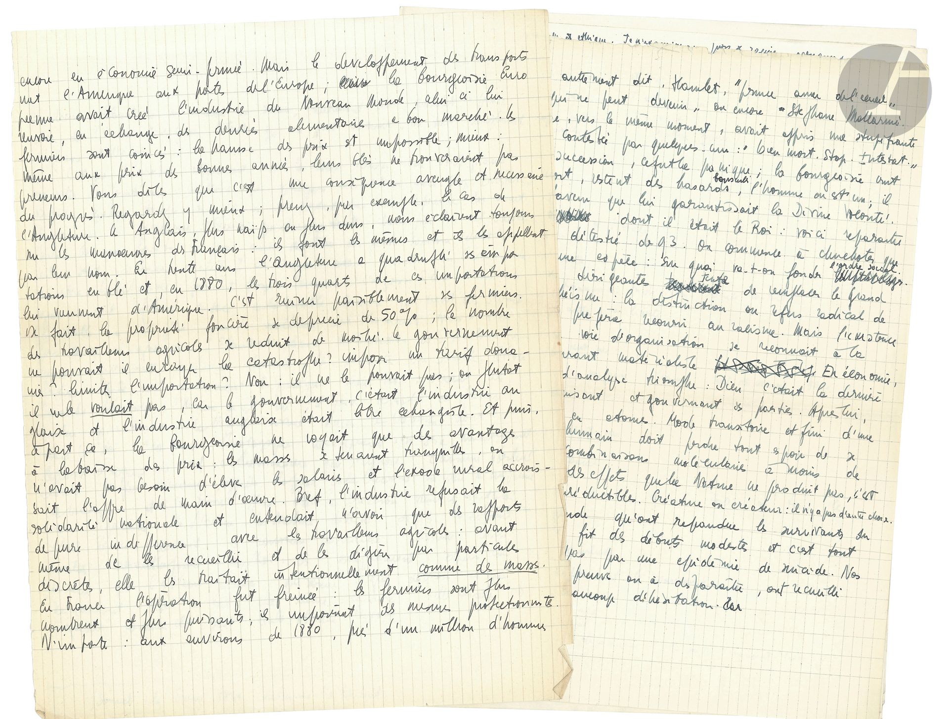 Jean-Paul SARTRE (1905-1980). Manuscrit autographe; 55 pages in-4.
Ces feuillets de premier jet, sans ordre, se rattachent à divers écrits de Sartre des années 1950.
Seuls les trois premiers ff. se suivent. Avec les trois suivants, qui ne forment pas séquence, ils concernent un travail de préparation de la troisième partie des Communistes et la Paix (série d’articles publiés dans Les Temps modernes en 1952 et 1954). Suivent deux feuillets qui semblent se rattacher au travail sur Mallarmé (vers 1952). Puis huit feuillets de notes et de plans pour un travail sur la Morale, peut-être une conférence.
On peut leur rattacher les onze ff. suivants qui concernent les rapports entre politique et morale et qui sont postérieurs à juin 1953 (avec référence aux Rosenberg). Les onze ff. suivants peuvent être rattachés à la seconde partie des Communistes et la Paix (1952), les quinze suivants plutôt à la troisième. Enfin le dernier f. appartient à l’une des premières versions des Séquestrés d’Altona (1958). Tels quels, ces feuillets de brouillons disparates sont intéressants comme échantillons des manuscrits de travail de Sartre.
On joint 2 ex. de l’article de Sartre Une victoire (in Témoignages et documents sur la guerre en Algérie), et un n° de la Quinzaine littéraire (mars1968): Foucault répond à Sartre; plus une l.s. de Roger Bordier à Sartre, 29 août 1955 (à en-tête de Faim & Soif).
