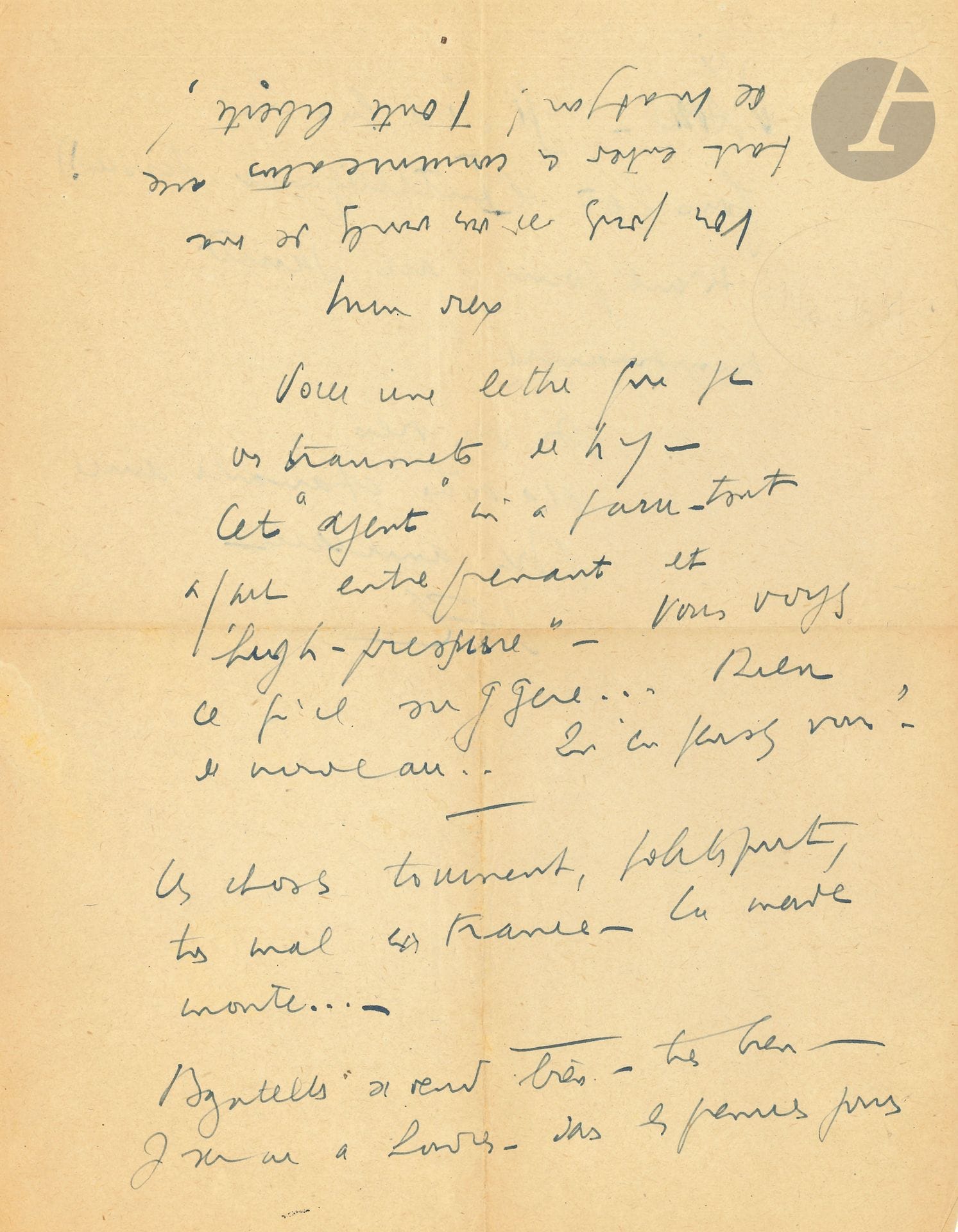 Louis-Ferdinand CÉLINE. 2L.A.S. «Louis FC» et «LFC», [début 1938], à John H.P. Marks; 1page et demie in-4 chaque (petite fente réparée à la 1ère).
À son traducteur anglais sur Bagatelles pour un massacre.
Il a envoyé Bagatelles pour un massacre à Gryson. «Le livre se vend très bien! Heureusement mon Dieu! Je sens l’avenir, le monstre n°1!» Marks doit encore 3 / à Gen Paul: «Tant mieux, admirable les nouvelles ventes!»…
Il transmet une lettre d’un agent de New York, Matson, qui parait «tout à fait entreprenant et “high-pressure”. […] Les choses tournent, politiquement, très mal en France. La merde monte…. Bagatelles se vend bien, très bien». Il ira à Londres au début d’avril, «si d’ici là les fous (et l’Intelligence Service!) n’ont point fait sauter Montmartre»…