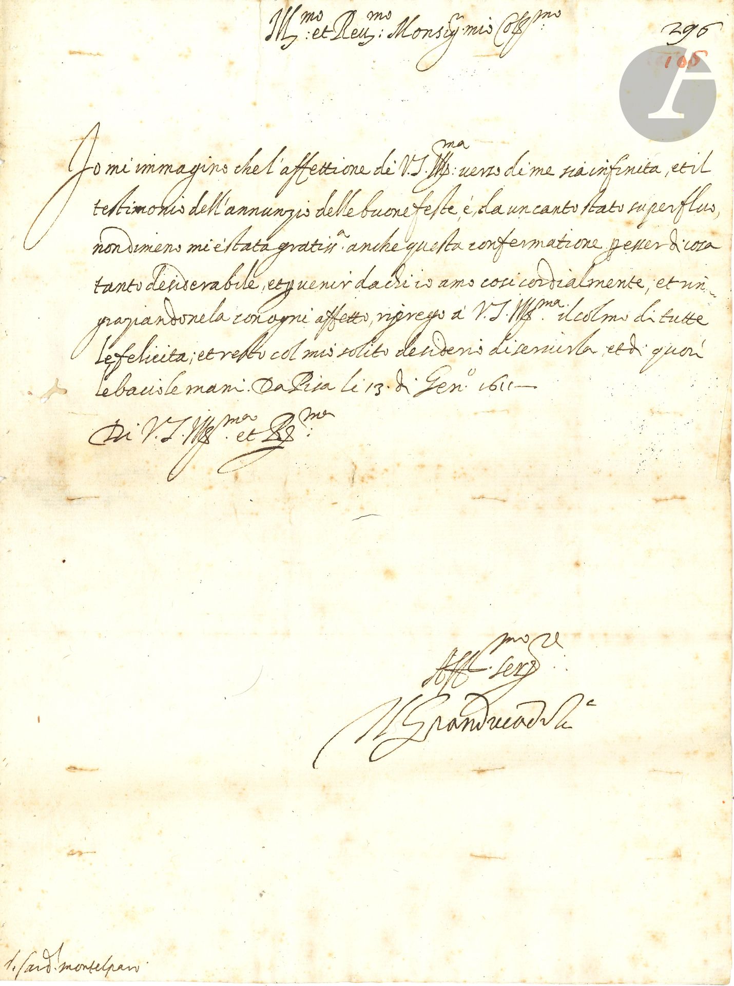 Cosme Il de MEDICIS (1590-1621) Grand-Duc de Toscane. L.S., Pise 13 janvier 1611, au cardinal Montelparo à Rome; 1page in-fol., adresse avec sceau sous papier aux armes; en italien.
Il remercie le cardinal du témoignage de son affection.