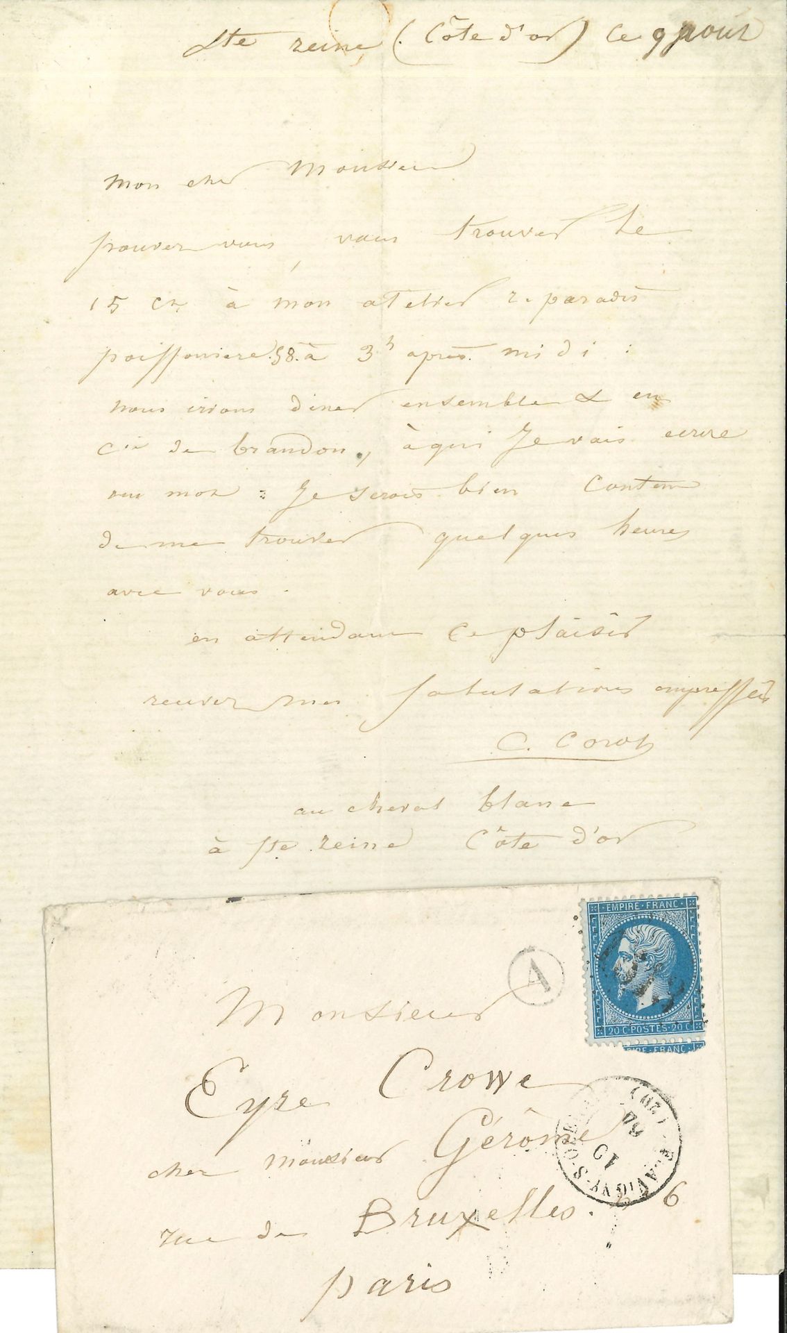 Camille COROT (1796-1875). L.A.S., Sainte-Reine (Côte d’or) [10 août 1864], au peintre anglais Eyre Crowe (1824-1910); ¾page in-8, enveloppe.
Il l’attend le 15 à son atelier, «r. paradis poissonnière 58 à 3h. après midi. Nous irons dîner ensemble & en cie de Brandon [son ancien élève Jacob Édouard Brandon (1831-1897)], à qui je vais écrire un mot. Je serais bien content de me trouver quelques heures avec vous»...
