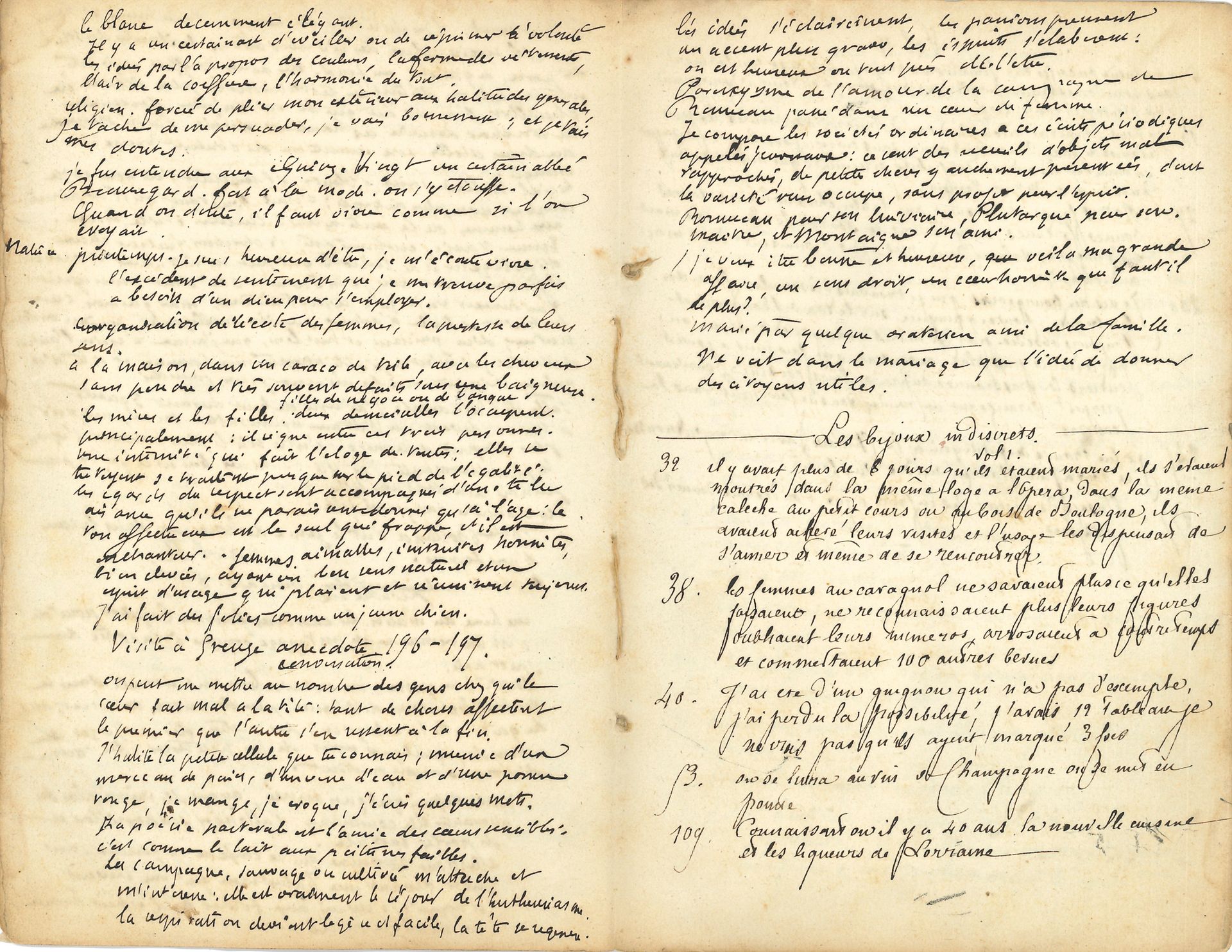 Edmond et Jules de GONCOURT (1822-1896 et 1830-1870). Carnet autographe; 26 pages in-8.
Notes destinées à La Femme du XVIIIe siècle (1862) d’après les mélanges de Mme Necker, les lettres de Mme Roland, les œuvres de Diderot et Marivaux, etc. On remarque, de la main de Jules de Goncourt, le premier jet au crayon d’un texte sur Nattier: «Assises glorieusement dans des poses théâtrales, des princesses respirent je ne sais quelle volupté robuste. [...] Ce ne sont plus des déités de la Régence, mais des femmes du dix-huitième siècle, avec leurs paniers profonds, leurs lèvres fines et ironiques, leur physionomie qui pense, leur front méditatif. [...] Il va jusqu’à la tendresse et au déchirement »...