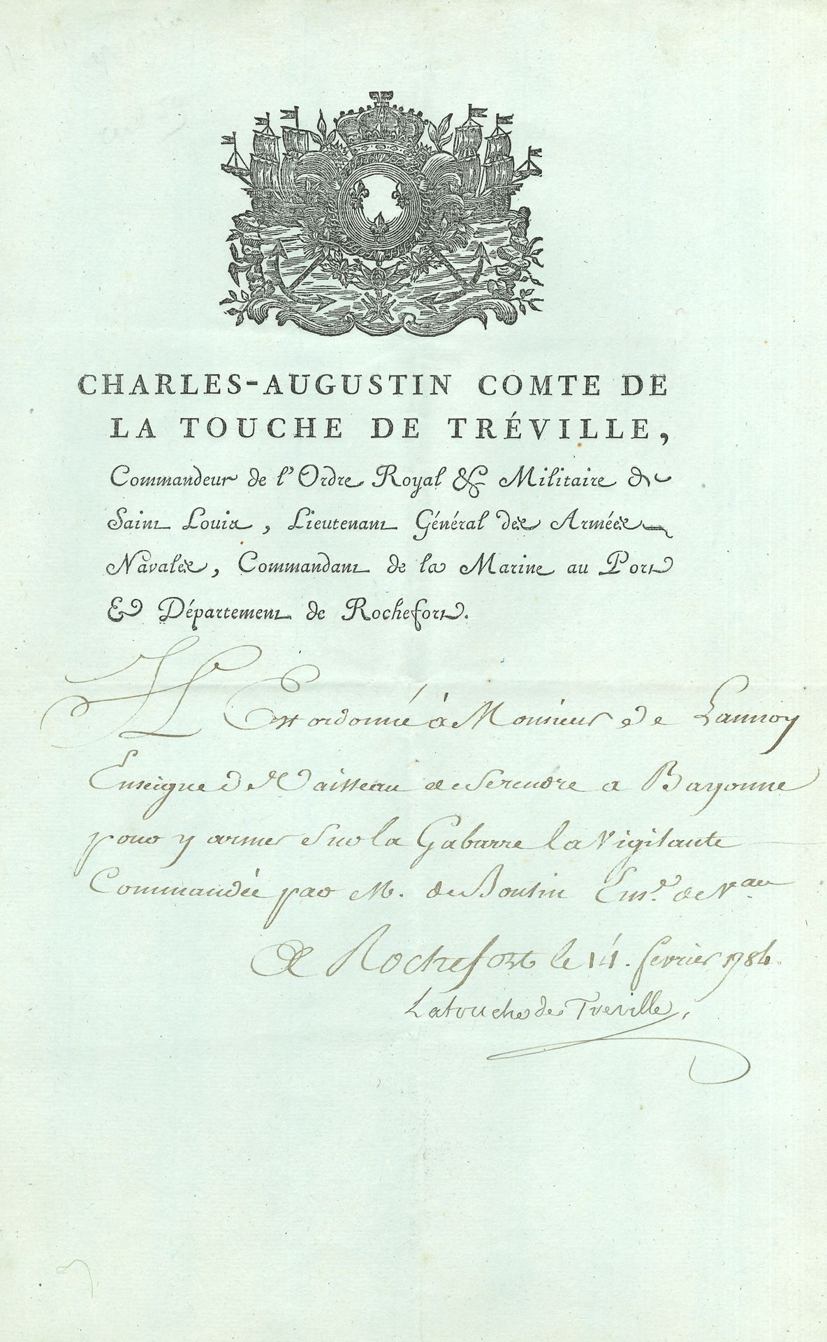 ANCIEN RÉGIME. 13 lettres ou pièces.
Ch. Alex. de Calonne (1784, au duc de Castries), Charles-Augustin de La Touche de Tréville (Rochefort 1784, vignette et en-tête), Antoine de Sartine (2 à M. de La Touche, 1777), Louis-Philippe marquis de Vaudreuil (l.a.s., Brest 1777). Certificat militaire (île de Ré 1765). Billet d’invitation de la comtesse Esterhazy (Valenciennes 1788). 6 quittances fiscales de la généralité de La Rochelle (1755-1768): droits de courtiers-jaugeurs, bouilleurs d’eau de vie…