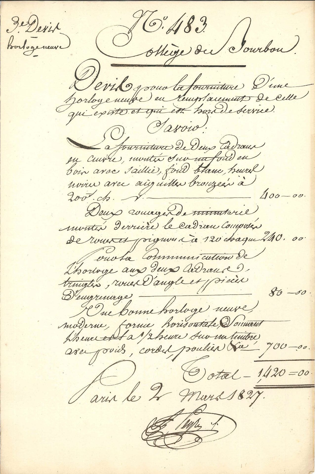 Antoine-Marie PEYRE (1770-1843) architecte. 2 L.S. et 1 P.S., 1827-1828, au comte Gaspard de Chabrol, préfet de la Seine; 5 pages in-fol.
Au sujet du remplacement de l’horloge du Collège Royal de Bourbon, actuel lycée Condorcet, et les devis fournis par l’horloger Bernard-Henry Wagner (1790-1851).