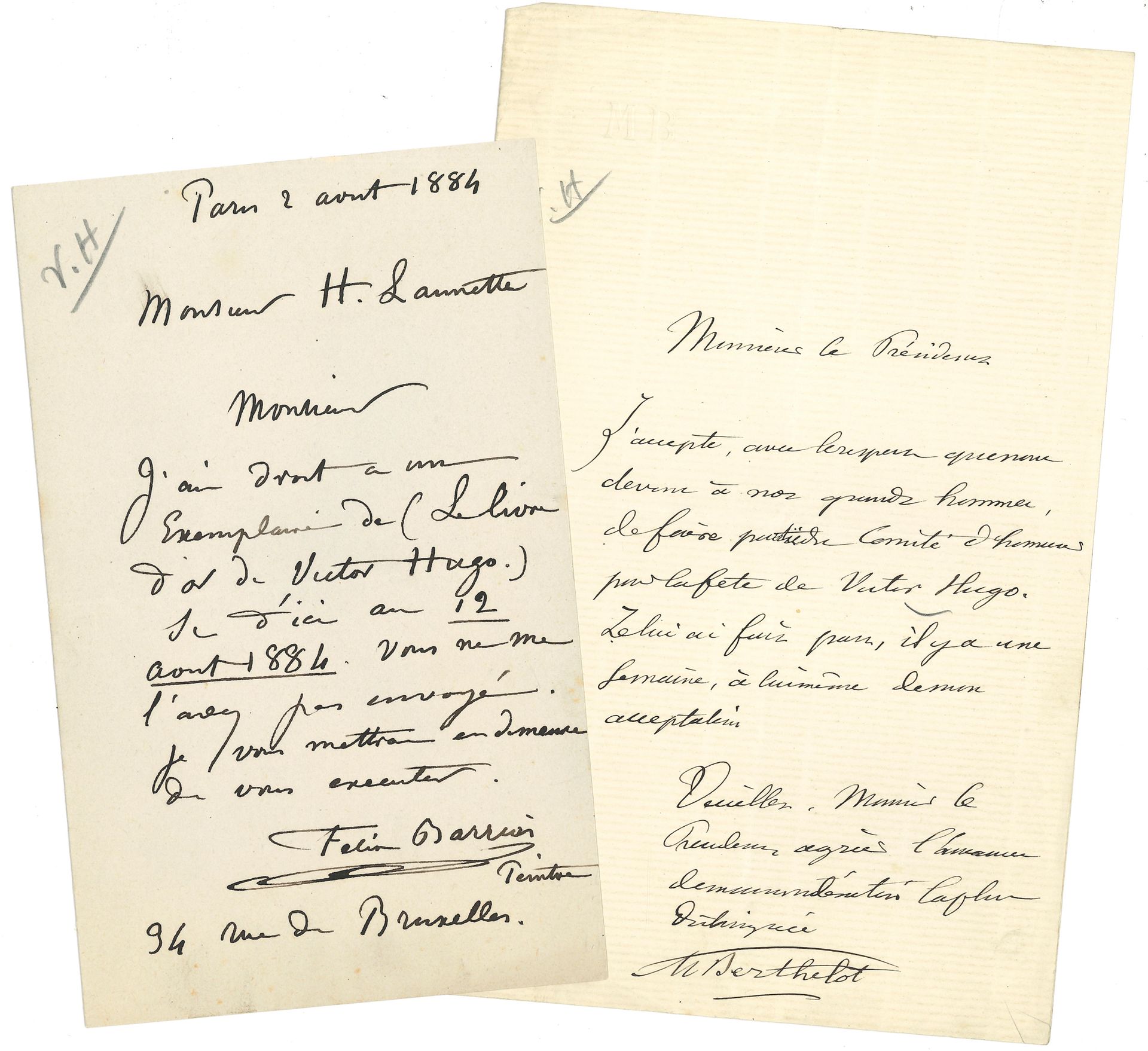 [Victor HUGO]. 74 L.A.S. from artists and personalities, 1882-1884, to the publisher H. Launette; numerous envelopes.
Important set relating to the preparation and publication of the Livre d'or de Victor Hugo (Le Livre d'or de Victor Hugo par l'élite des artistes et des écrivains contemporains, sous la direction d'Émile Blémont, published in 1883 by Librairie Artistique d'H. Launette, to celebrate the poet's 80th birthday).Félix Barrias (3), Charles de Beaumont (2), Marcelin Berthelot, James Bertrand, Aglaüs Bouvenne, Philippe Burty, Charles-Romain Capellaro, Louis Carrier-Belleuse, Georges Clairin (3), Fernand Cormon, Pierre-Auguste Cot, Gustave Courtois, Édouard Dantan (4), Édouard Detaille, Gustave Dubufe (5), Ernest Duez (6), Théodore Frère, Jean Gigoux, Richard Goubie (2), Gustave Guillaumet, Auguste Hagborg, Désiré Laugée (8), Pascal Lehoux (3), Louis Leloir (5), Maurice Leloir, Hector Le Roux (7), Ernst von Liphart, Évariste Luminais, Adrien Marie, Bénédict Masson, Adrien Moreau (2), Georges Moreau de Tours (2), Alfred Naquet, Édouard Sain, Édouard Toudouze.