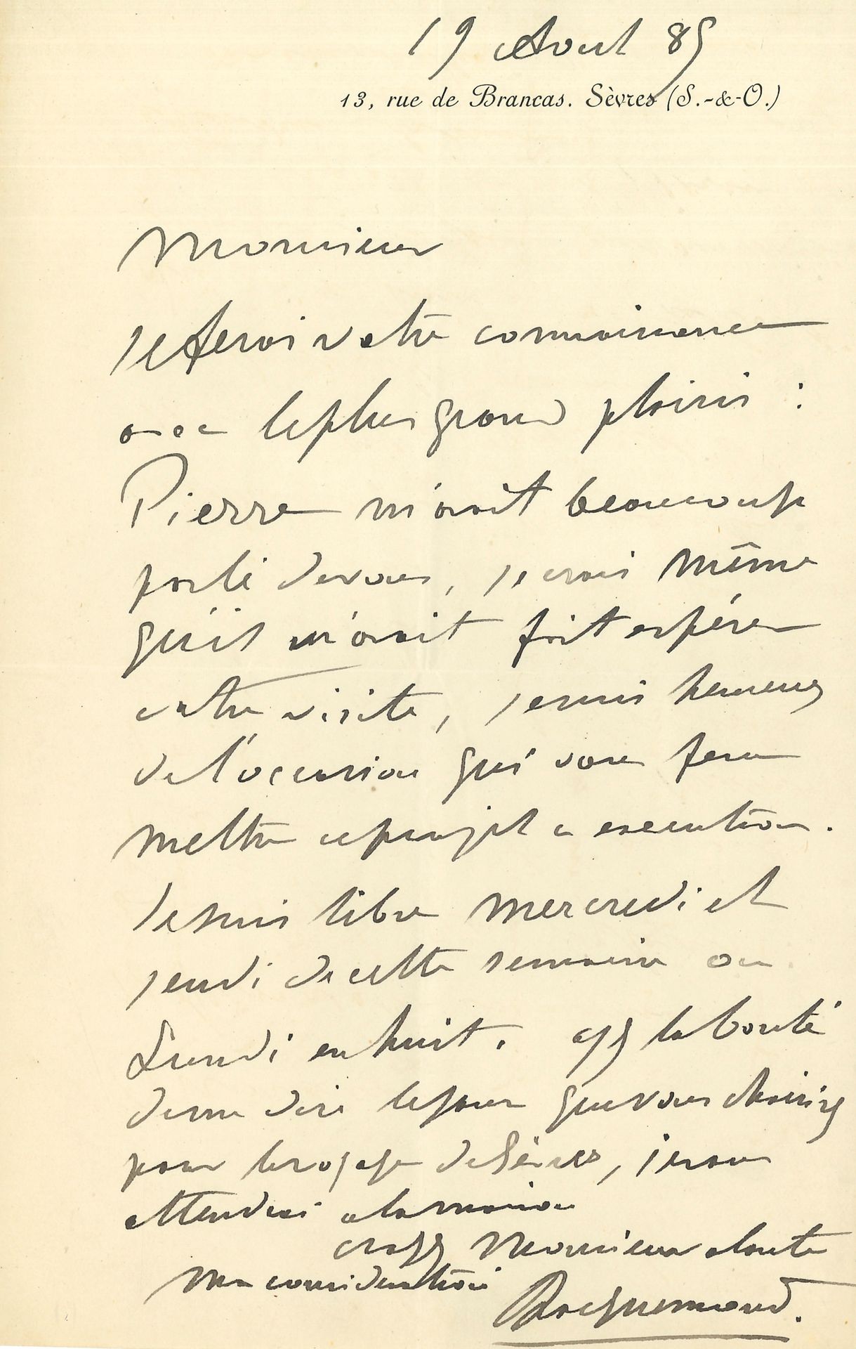 Félix BRACQUEMOND (1833-1914) painter. 8 L.A.S., 1885 and 1903-1910, to art critic Maurice Guillemot; 10 pages in-8.
April 19, 1885, he is waiting for him at Sèvres. November 23, 1903: Guillemot wants to see the encaustic work: "I have a painting for the Salon in full execution, there are pieces in all states that may perhaps interest you"... June 28, 1904. Sends him a "little tableautin[...] it's really only encaustic that doesn't deceive"; he thanks him for his article. July 25, 1094. He keeps the little painting: "I'm going to do the work on the monotypes in the country and will return it to you in the autumn. P. Louys and I will do the book together"... Sept. 24, 1905. He has recommended Guillemot to the librarian of the École Polytechnique, who wants to write a note on the excavations at the school, and urges him to go and see "his library, his museum, his Fragonard, you won't see a finer one"... Sept. 22, 1907. He wants a few issues of the Revue, "containing Vaillat's article on my encaustic painting"; he is delighted with his working stay in Italy "It's hard, but admirable, you really have to live in a city like Venice for a long time to understand it"... February 1, 1910: two same letters sent to two different addresses, during the floods: "Are you affected or drowned by Water?"; it's not about floods, but an urgent request: "Take a sheet of letter-paper from Le Siècle and write me this - I agree to write my memories of Time 1871. But this letter must be dated December 5, 1909. I'll tell you why when you come to Sèvres"...