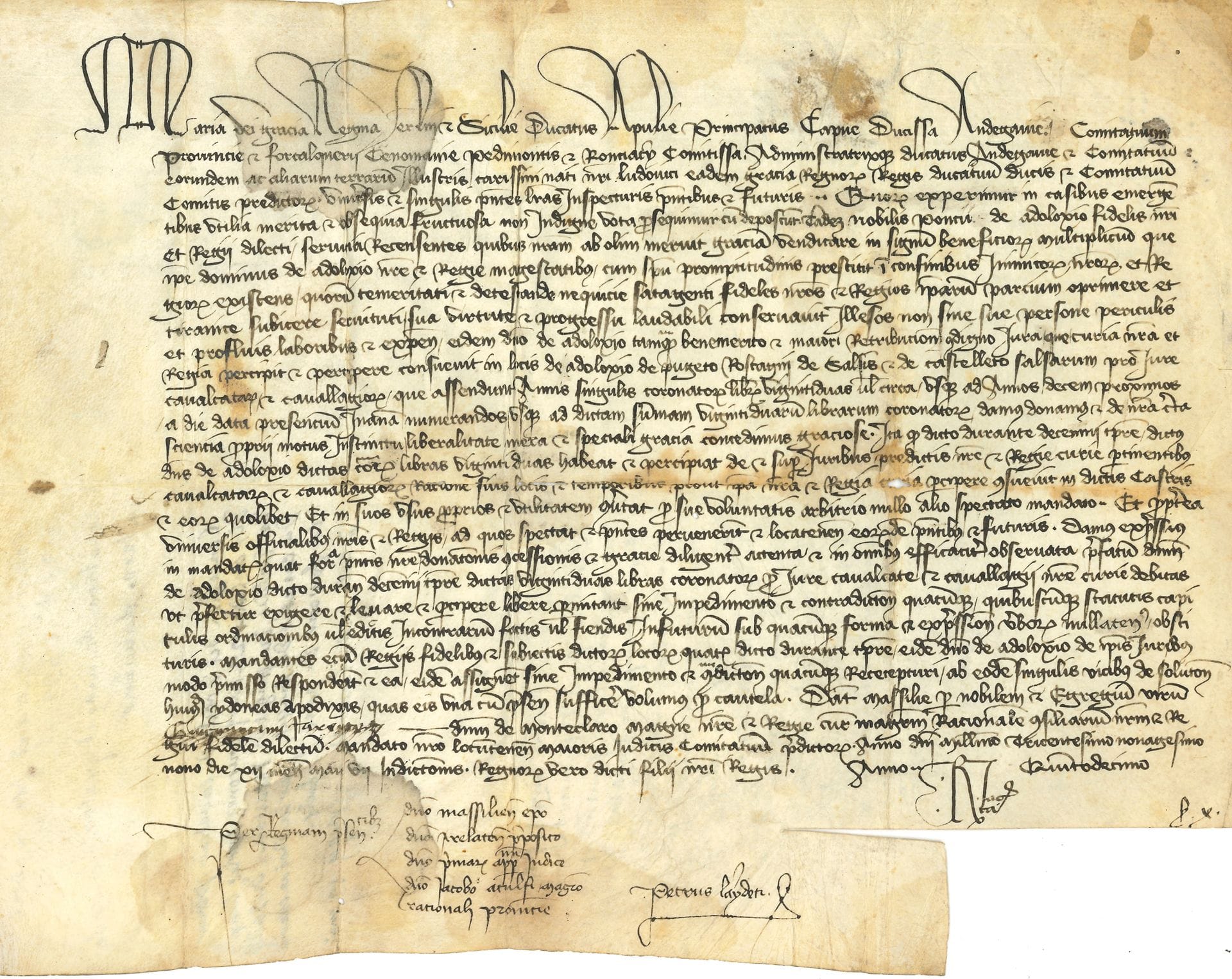 MARIE DE BLOIS (1345-1404) épouse de Louis 1er d’ANJOU, Roi de Sicile et Jérusalem (1339-1384). Charte en son nom, Marseille 12 mai 1399; signatures de chancellerie; vélin oblong in-4 (légères mouillures); en latin.
Comme comtesse de Provence et de Forcalquier, et au nom de son fils Louis II d’Anjou, elle fait concession des droits de cavalcade pour dix ans sur les lieux de Daluis, Puget-Rostang, Castellet, Sausses, en faveur de Pons d’Alais.
