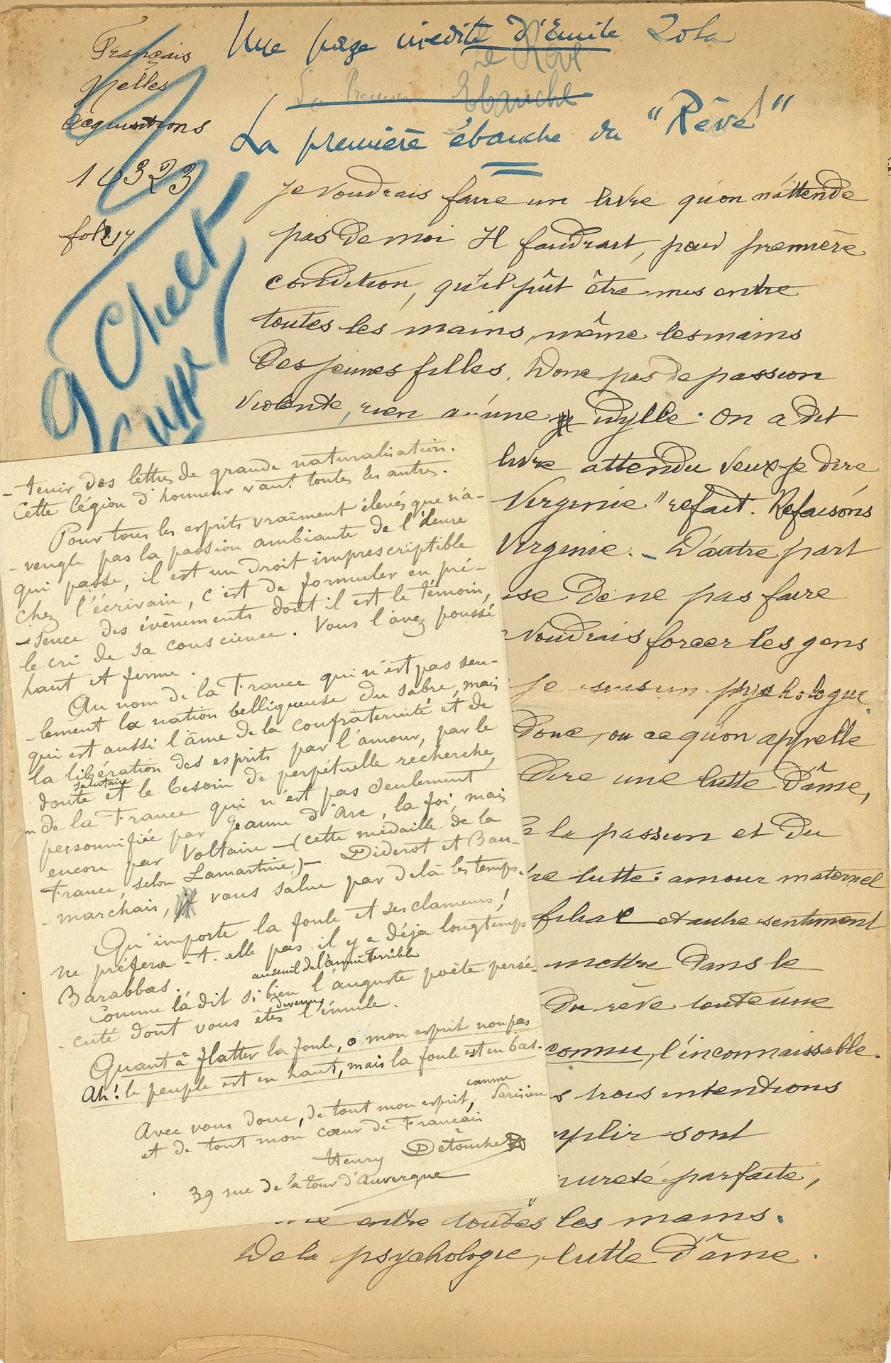 [Émile ZOLA (1840-1902)]. Henry DETOUCHE (1854-1913) painter, pastellist and engraver. L.A.S., Paris February 24, 1898, to Émile Zola; 2 pages in-8.
The day after the author of J'accuse! was convicted of libel. "You are now consecrated. You continue the series of great French writers who have put their pen to the service of what they believed to be the truth, and provoked the manifestation of light": Courier, Béranger, Lamennais, Charles Hugo; "now you are French by right, for this recent persecution has made you the fellow-citizen of your illustrious predecessors in the realm of the act and the idea [...], there is one imprescriptible right in the writer, and that is to formulate, in the presence of the events he witnesses, the cry of his conscience"... A copy of a draft of Le Rêve is enclosed.