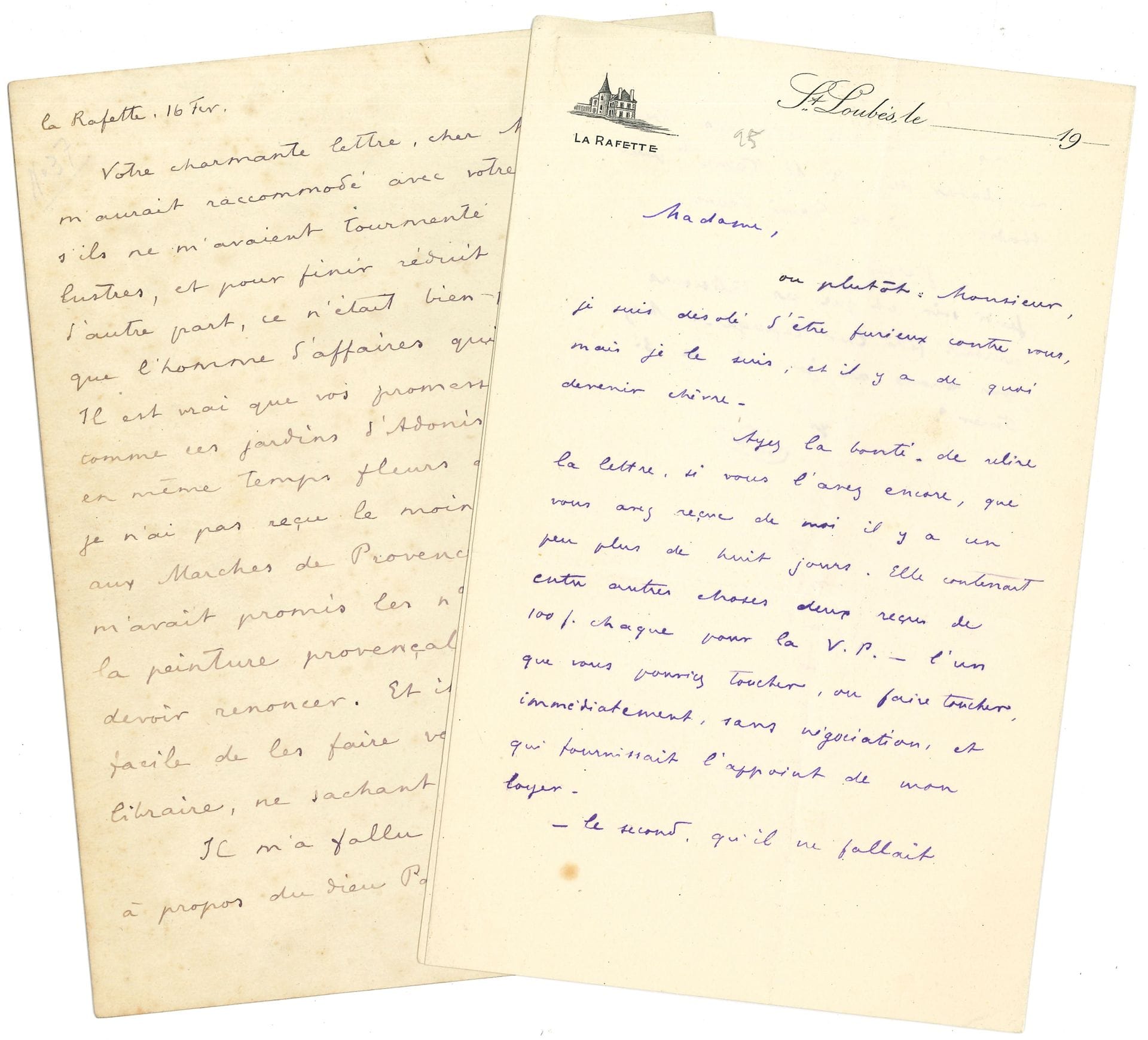Paul-Jean TOULET. 2 L.A.S. à divers; 3pages et demie in-8, et 2pages e demie in-8 à en-tête de La Rafette.
La Rafette 16 février, à un éditeur, dont la charmante lettre «m’aurait raccommodé avec votre corporation, s’ils ne m’avaient tourmenté pendant quatre lustres, et pour finir réduit à néant; si, d’autre part, ce n’était bien plus l’artiste que l’homme d’affaires qui m’avait écrit. Il est vrai que vos promesses ne sont pas comme ces jardins d’Adonis, qui portaient en même temps fleurs et fruits. Car je n’ai pas reçu le moindre livre. Et quant aux Marches de Provence dont M. Carco m’avait promis les nos qui parlaient de la peinture provençale, je crains d’y devoir renoncer»… Il parle de l’affaire du Grand Dieu Pan d’Arthur Machen, et de Mme Karl Boës. Quant à Willy, «je n’en ai pu tirer encore que des gémissements. Il se peut que cette vieille ficelle vous écrive sans me prévenir», et il le met en garde. «Je pense, au moins étant inconnu, qu’il faut alterner une affaire-affaire à une affaire d’art. Quand nous l’aurons faite, je vous parlerai d’un petit livre où j’ai travaillé 15 ans. Ce n’est pas ce qu’on peut appeler un sucre de pomone; mais si le livre n’est pas blanc, l’affaire le serait au minimum il me semble»… – La Rafette [1905], à «Madame, ou plutôt Monsieur» [Rachilde?], contre qui il est furieux, «il y a de quoi devenir chèvre». Il évoque ce qu’il doit toucher de la Vie Parisienne, son besoin d’argent, Mon amie Nane… On joint 2 L.A.S. sur cartes postales à Sylvain Bonmariage et à Leon Barthou.