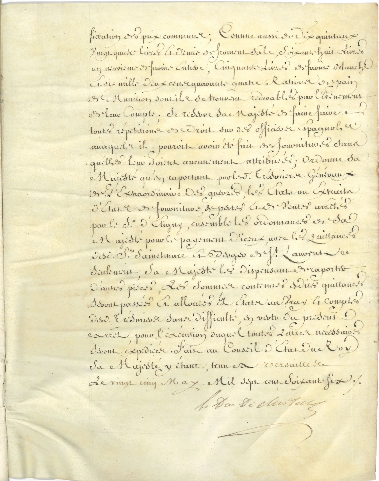 Étienne-François, duc de CHOISEUL (1719-1785) Minister of Foreign Affairs. P.S., Versailles May 25, 1776; 13pages in-fol. on wove paper in quire (1st f. detached).
Extract from the registers of the King's Conseil d'État, outlining the execution of the charge assigned by the Minister of War in 1762 to Sieurs Alexis-Louis Sainctmarc, Jean-Baptiste Boyer de Saint-Laurent, and three other munitionnaires from the southern provinces, to act as stewards to his auxiliary troops in Spain, due to move to Portugal with the army of His Catholic Majesty: supply operations at the camp under Bayonne and as far as Valladolid, in munition bread; "extraordinary and expensive" means used to obtain wheat from the inhabitants; need to dismiss superfluous employees; submission of accounts, etc.