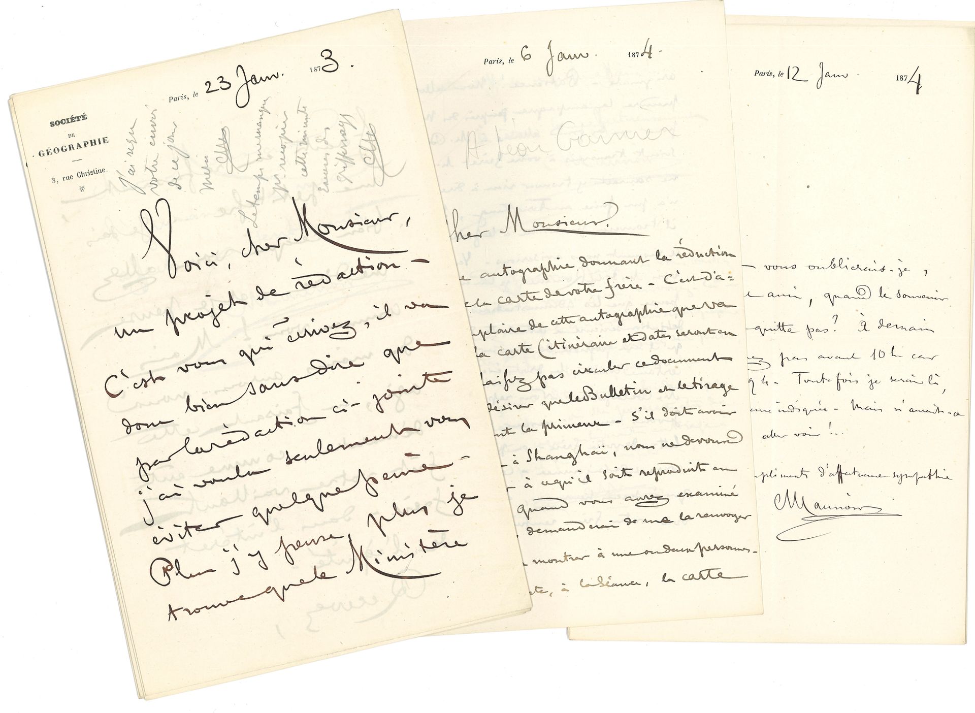Charles MAUNOIR (1830-1901) geographer. 55 L.A.S., Paris 1873-1898, to Léon Garnier; 130pages in-8 or in-12, numerous Société de Géographie letterheads.
Beautiful correspondence evoking Francis Garnier, the famous explorer of Indochina.A former soldier turned geographer, Charles Maunoir published numerous articles and memoirs in scholarly journals such as L'Année géographique and the Bulletin de la Société de Géographie. From 1867 to 1896, he was General Secretary of the Société de Géographie. His correspondent, Léon Garnier (1836-1901), was the brother of the famous explorer Francis Garnier (1839-1873), known for his important voyage through Indochina and southern China from 1866 to 1868. The correspondence concerns Francis Garnier, his relatives and various publications relating to his expedition: publication of the printed account of the voyage (1873); reading of a report to the Société de Géographie; provision of a sum of 3,000F for Francis Garnier; request from the director of the Revue des Deux Mondes to speak with Léon Garnier; engraving of a map showing F. Garnier's itinerary (1874); pension for his widow; project for a portrait of F. Garnier to be presented to the Société de Géographie. Garnier to be presented to the Société de Géographie; creation of a bust of the explorer by Topffer; protest to the Société d'Ethnographie (1875); delivery of a letter by Dutreuil de Rhins (1879); search for a lithographic stone by the engraver Erhard containing F. Garnier's itinerary. Garnier's itinerary (1882); publication of Doudart de Lagrée's letters by Arthur de Villemereuil (1885); recommendations in favor of Sergeant Imbert, F. Garnier's former comrade-in-arms, for the Military Medal and the Tonkin Medal (1889-1891), etc."I've got my copy of Indo-China!... It's a superb work - and would have put the memory of your brother back into my heart, if it had been necessary. The matter of the expeditions to be made by the Société de Géographie has been settled. But I was sorry to see that Mr. Garrez's name had disappeared from the list of people to whom the work is given... Mr. Garrez is one of the men who helped your brother with questions of Indian history. How can we restore things to the conditions that were [...] in accordance with your brother's wishes?" (January 7, 1873). "At our next meeting, on March 7, M. Vivien de St Martin will read the report on the voyage d'exploration en Indo-Chine. I'll say we're sending you a convocation. But you'd better be warned right away. [...]. I almost forgot to tell you that I have received an affectionate letter from your brother, to which I shall reply as best I can" (February 22). "Here is an autograph giving the half reduction of your brother's card. It is from a copy of this autograph that the map will be engraved (route and dates will be in red). Do not allow this document to be circulated, as it would be desirable for the Bulletin and the separate edition to be the first to receive it [...] We will begin the campaign with the Ministry to ensure that the funds allocated to Mr. Delaporte are passed on to your brother. Mr. Delaporte can find nothing to say about this, and what he was unable to do in Tong King, for lack of health, he will perhaps find to do elsewhere" (January 6, 1874)... "If your poor brother's death occurred in the line of duty, your sister-in-law is entitled to a pension of 1060F. If not, the pension would only be half, i.e. 530F. I don't think there can be any doubt about the situation" (January 14). "The President of the Geography Society has taken good note of the wish I expressed to him for the return of your sister-in-law from Shang-Haï [...] The Society is a milieu that will always welcome with the deepest sympathy anything that may relate to your brother, and on which you can, I believe, count in case of need" (January 19).... "This letter will be delivered to you by M. Dutreuil de Rhins, whose name is no doubt known to you and who is very involved in Indo-China. He is one of your brother's supporters and would like to discuss matters of interest to you. M. de Rhins is a reliable and upright man - whatever you tell him with reservations, he will be careful not to use, especially misuse" (October 8, 1879)... "In spite of all my research, I am unable to find the stone for Mr Garnier's Itinéraire. If, however, we can wait a few more days, it may be possible for me to find it" (Erhard to Maunoir, March 24 1882, forwarded to L. Garnier); on the same sheet: "The philosopher's stone is no more difficult to find than this lithographic stone. Can you wait a little longer?... Po