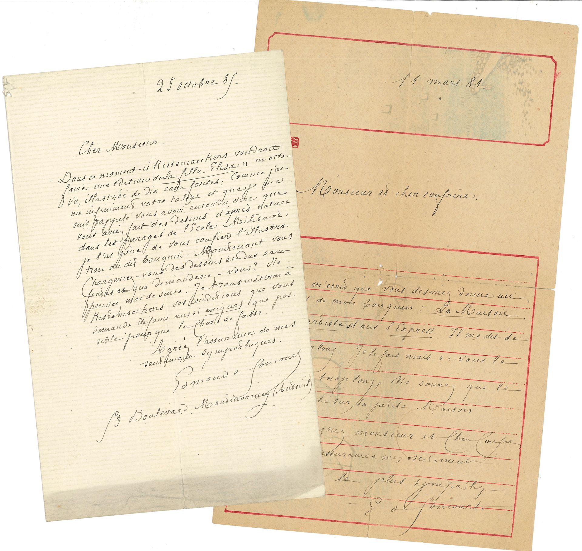 Edmond de GONCOURT (1822-1896). 2 L.A.S., Paris 1881-1885; 1page petit in-4 (papier japonais, pli fendu) et 1page in-8.
11 mars 1881, à un confrère [Georges Lecomte?]. «Céard m’écrit que vous désirez donner un extrait de mon bouquin: La Maison d’un artiste dans l’Express»; si le texte est trop long, ne donner «que le paragraphe sur la petite Maison»… – 25 octobre 1885, à un dessinateur. «Kistemaeckers voudrait faire une édition de la Fille Elisa en octobre, illustrée de dix eaux-fortes. Comme j’aime infiniment votre talent […] je l’ai prié de vous confier l’illustration de ce bouquin»; il lui demande ses conditions «aussi exigues que possible»… On joint une petite l.a.s. de Jules de Goncourt, demandant de rétablir les apostrophes et les accents dans la feuille Louis XV enfant; et une carte de visite a.s. d’Edmond à Edmond Cousturier (enveloppe), remerciant pour un article (1888).