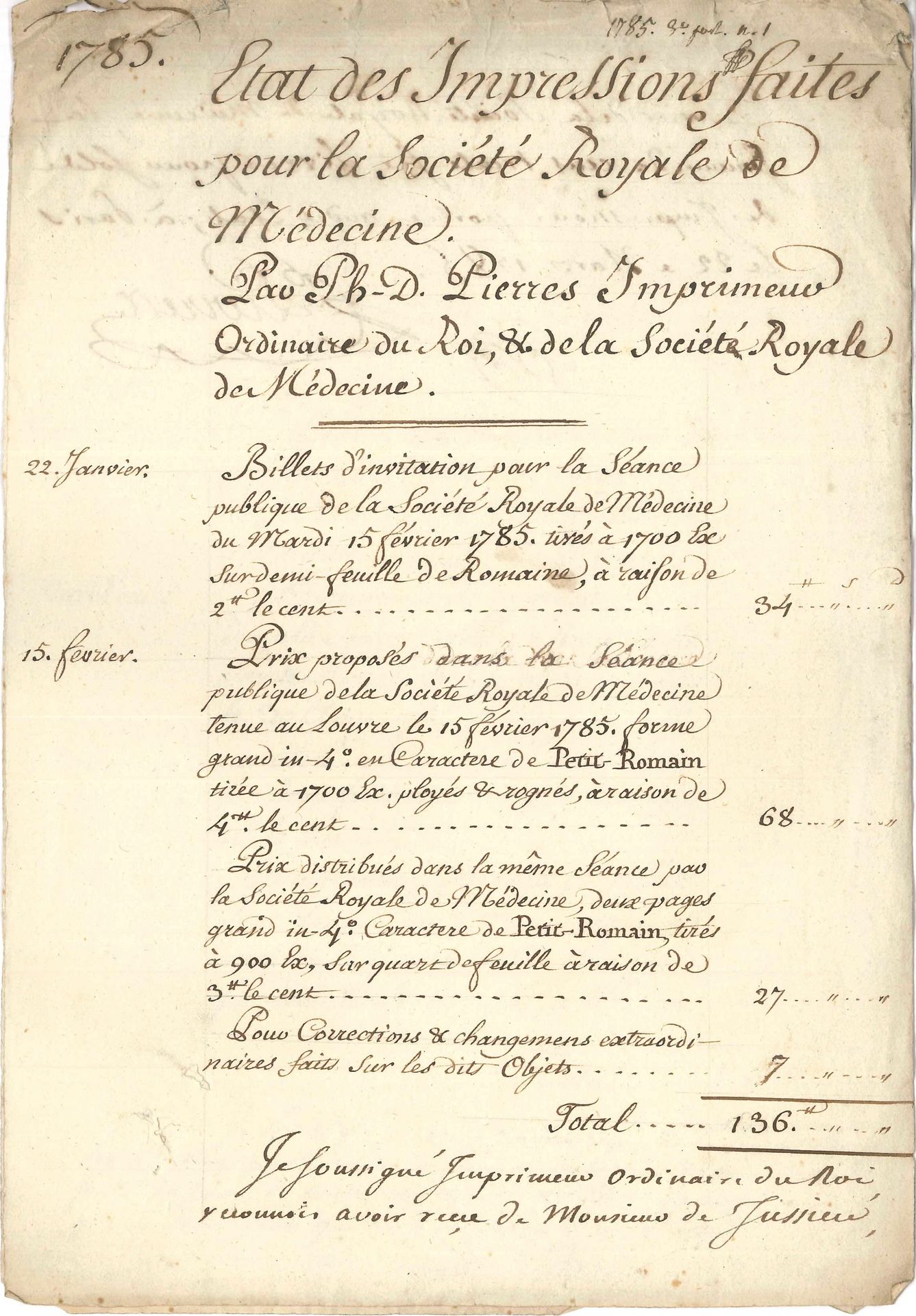 Société royale de MÉDECINE. 51 P.S. et 1 L.S., 1785.
Mémoires acquittés, et reçus, adressés à Antoine-Laurent de Jussieu, trésorier de la Société royale de Médecine: états d’impressions faites pour la Société, fourniture de médailles ou jetons d’or (avec indication des bénéficiaires), états semestriels de distribution de jetons, gratifications ou gages aux suisses et aux garçons de salle, reliure d’ouvrages scientifiques, diligences de Paris, port de paquets, messe dite par les Pères de l’Oratoire… Quelques signatures de Coquereau, vice-directeur, Vicq d’Azyr, secrétaire perpétuel, Dehorne, Mauduyt, etc. On joint 3 remèdes manuscrits, et 2 ff. imprimés à propos des prix de la Société, 1785. Plus 28 lettres, pièces ou manuscrits, XVIIIe siècle: consultations, ordonnances, etc.