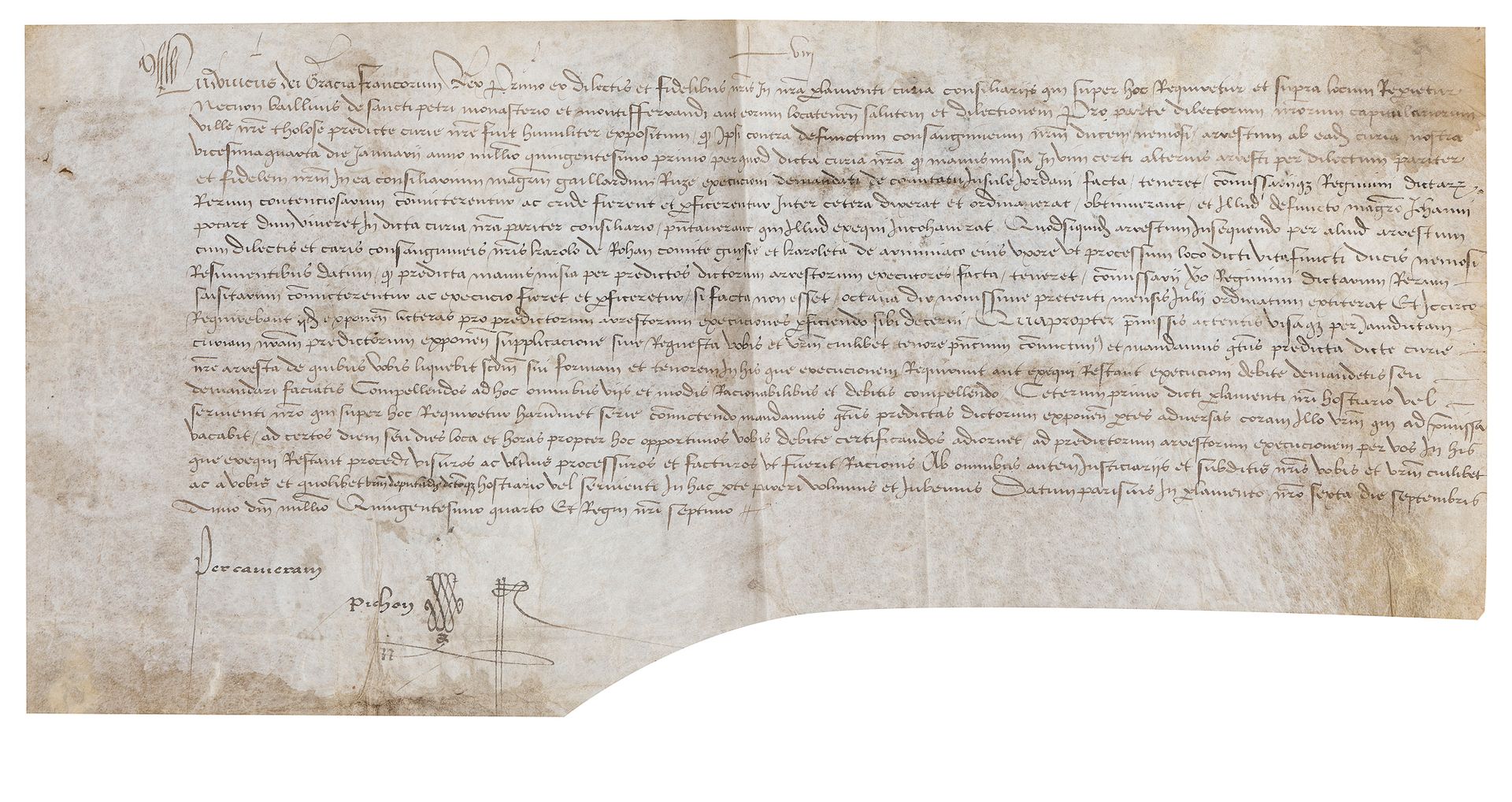 LOUIS XII (1462-1515). Charter in his name, Paris September 6, 1504; oblong vellum in-fol; in Latin.
Charter concerning the rights to the Bouconne forest, and the claims of the Comte de L'Isle-Jourdain, passing, after the death of the Duc de Nemours, to Charles de Rohan Comte de Guise and his wife Charlotte d'Armagnac.