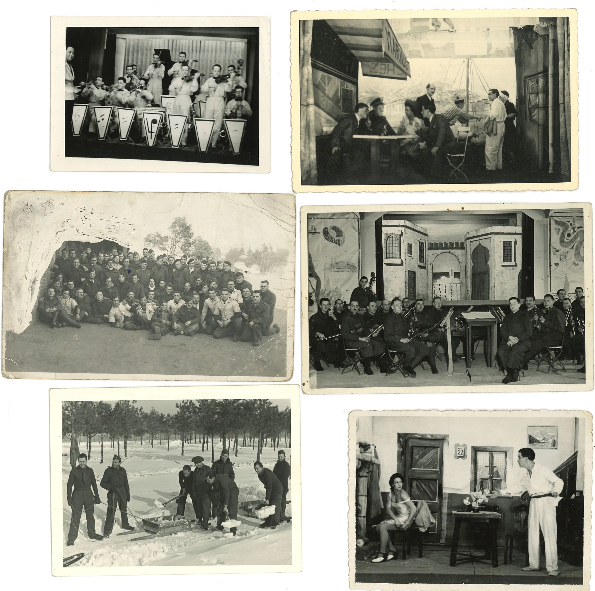 WAR 1939-1945. 35 photographs taken at Stalag III B, Fürstenberg-sur-Oder (now Eisenhüttenstadt), 1940-1944.
Interesting account of prisoners' occupations in a stalag.Over 50,000 French POWs and some 4,000 Soviet prisoners were incarcerated in the camp at Fürstenberg-sur-Oder, near the Polish border. A theater troupe and an orchestra were formed, and were soon able to perform plays and musical revues. The female roles, which could not be cut out of the plays without rendering them incomprehensible, were taken by transvestite prisoners. Exceptional set of 35 photographs, most of them taken during performances by these amateur artists between 1940 and 1944. These are silver prints, the majority (21) in postcard format (8.5 x 13.5 cm), 8 in 8.5 x 11.5 format and 6 in 7 x 10 cm format. Nearly all have the Stalag stamp on the reverse. Some include a few lines of correspondence. They were freely addressed to the family of a prisoner present on many of them, Gilbert Huntzinger, matricule 20198. Attached are 3 letters from Gérard Huntzinger to his parents, written on forms provided by the camp administration.