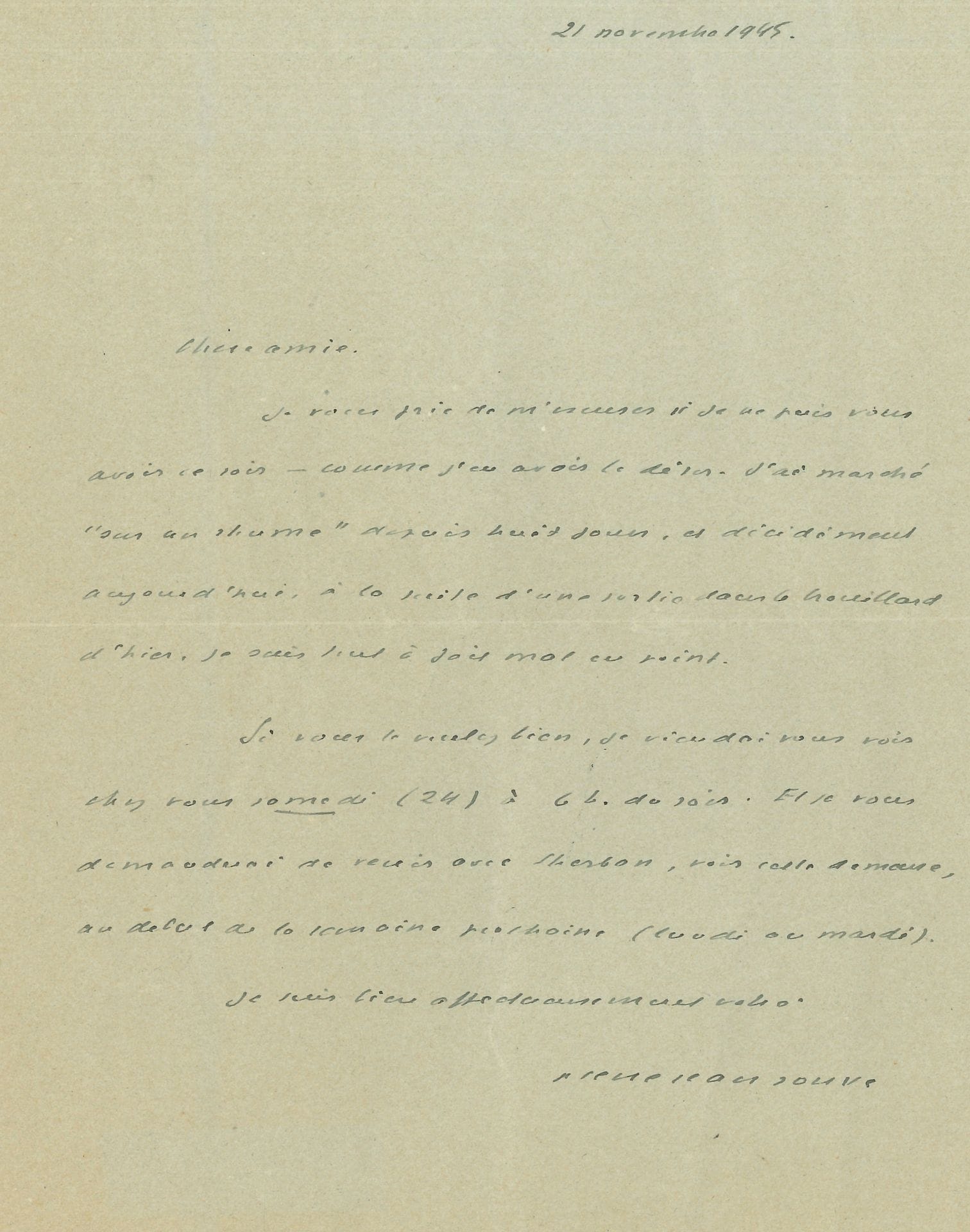 Pierre-Jean JOUVE (1887-1976). 2 L.A.S., novembre 1945, à Valentine Hugo; 2pages et quart in-8, enveloppes.
12 novembre. Il est heureux que son livre lui ait plu: «il marque mon retour après tant d’épreuves, et je serai heureux de vous retrouver. Sherban Sidery vous a dit, je crois, que j’avais à vous proposer un travail – un véritable travail ensemble»… – 21 novembre. Il remet leur rencontre. «J’ai marché “sur un rhume” depuis huit jours, et décidément aujourd’hui, à la suite d’une sortie dans le brouillard d’hier, je suis tout à fait mal en point»…